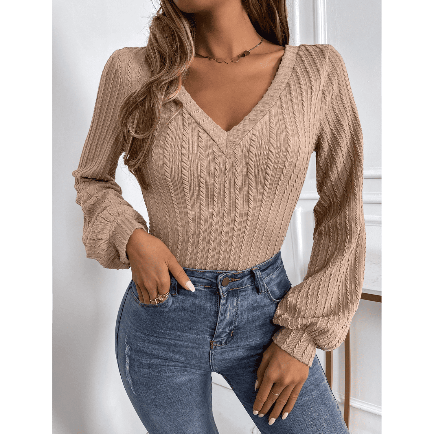 Sweater Mujer Manga Obispo Cuello V Canalé Crop-3