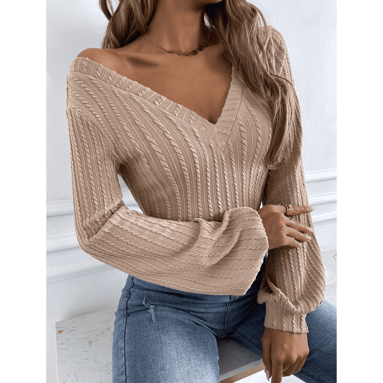 Sweater Mujer Manga Obispo Cuello V Canalé Crop-4