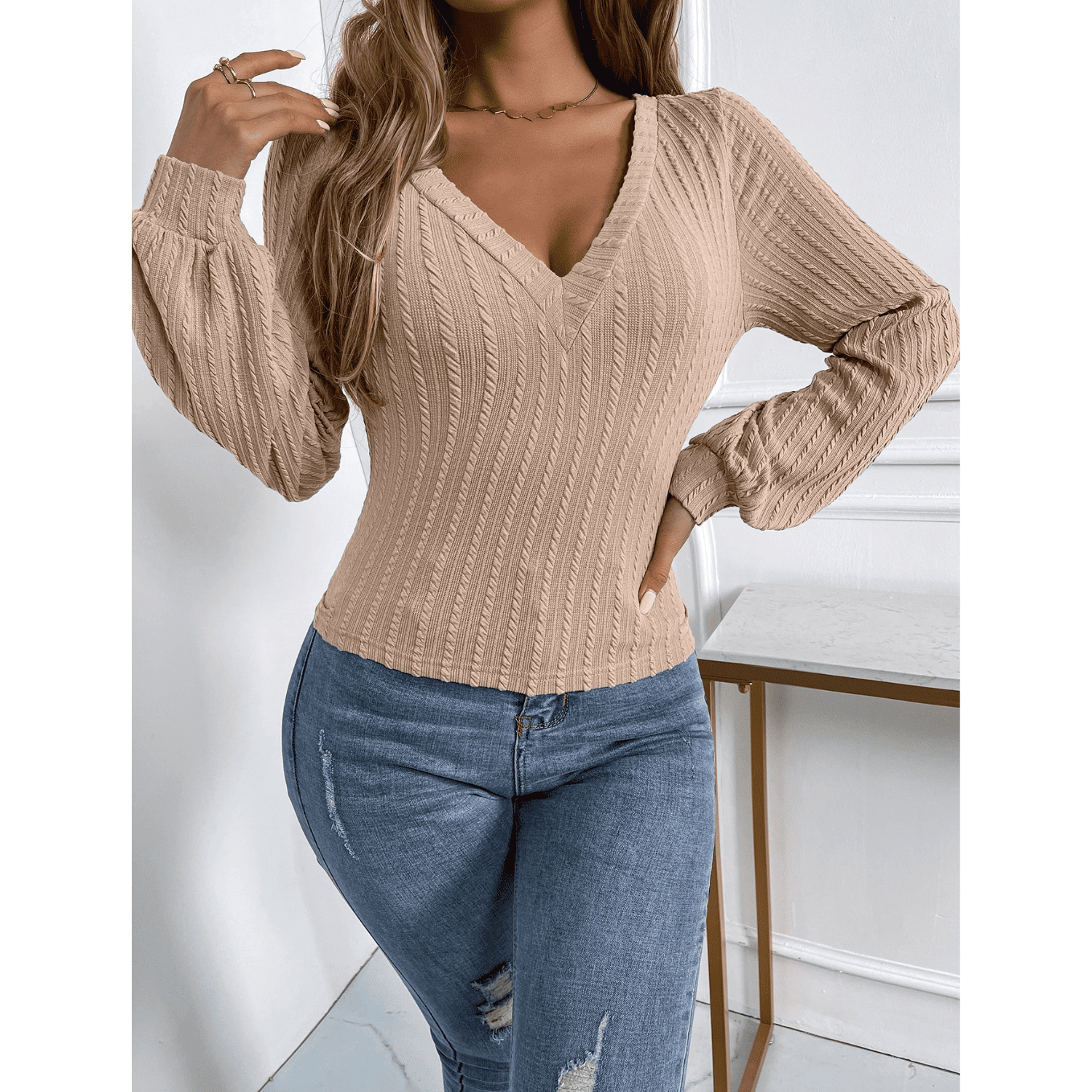 Sweater Mujer Manga Obispo Cuello V Canalé Crop-5