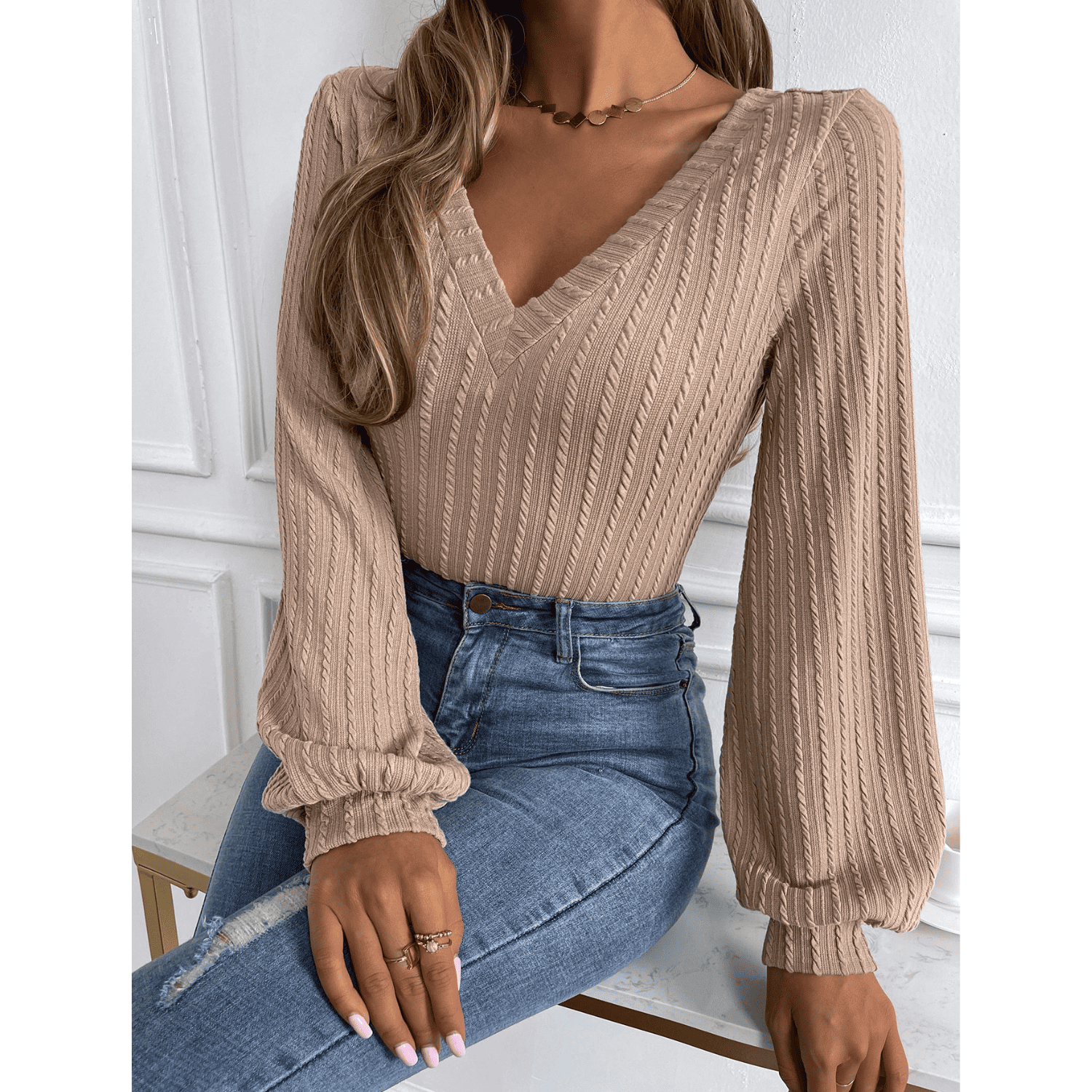 Sweater Mujer Manga Obispo Cuello V Canalé Crop-6