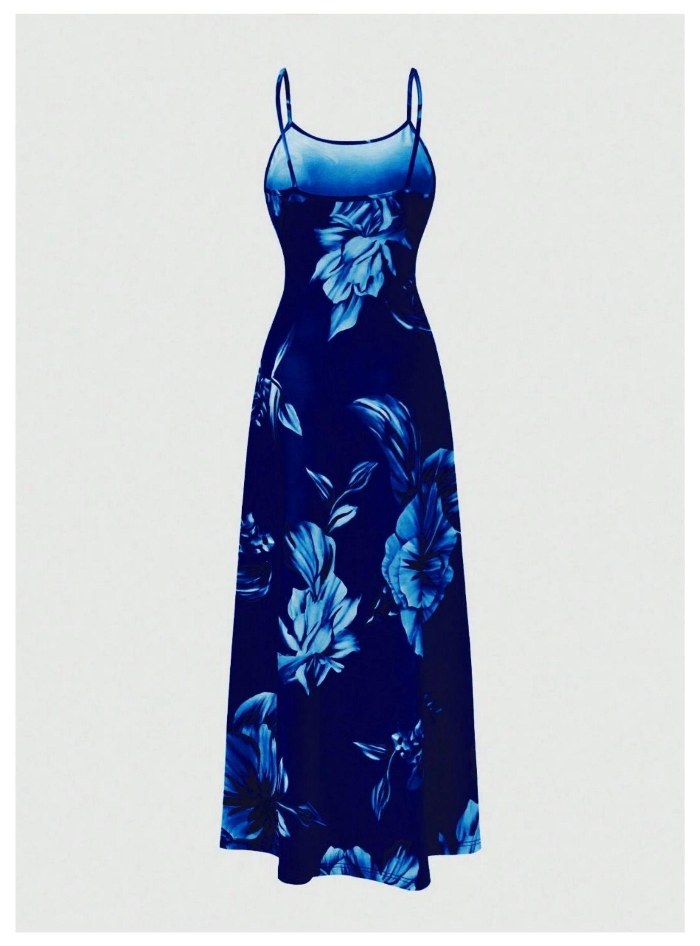 Vestido Largo Maxi Con Tirantes Finos Floral Azul Sin Mangas-2