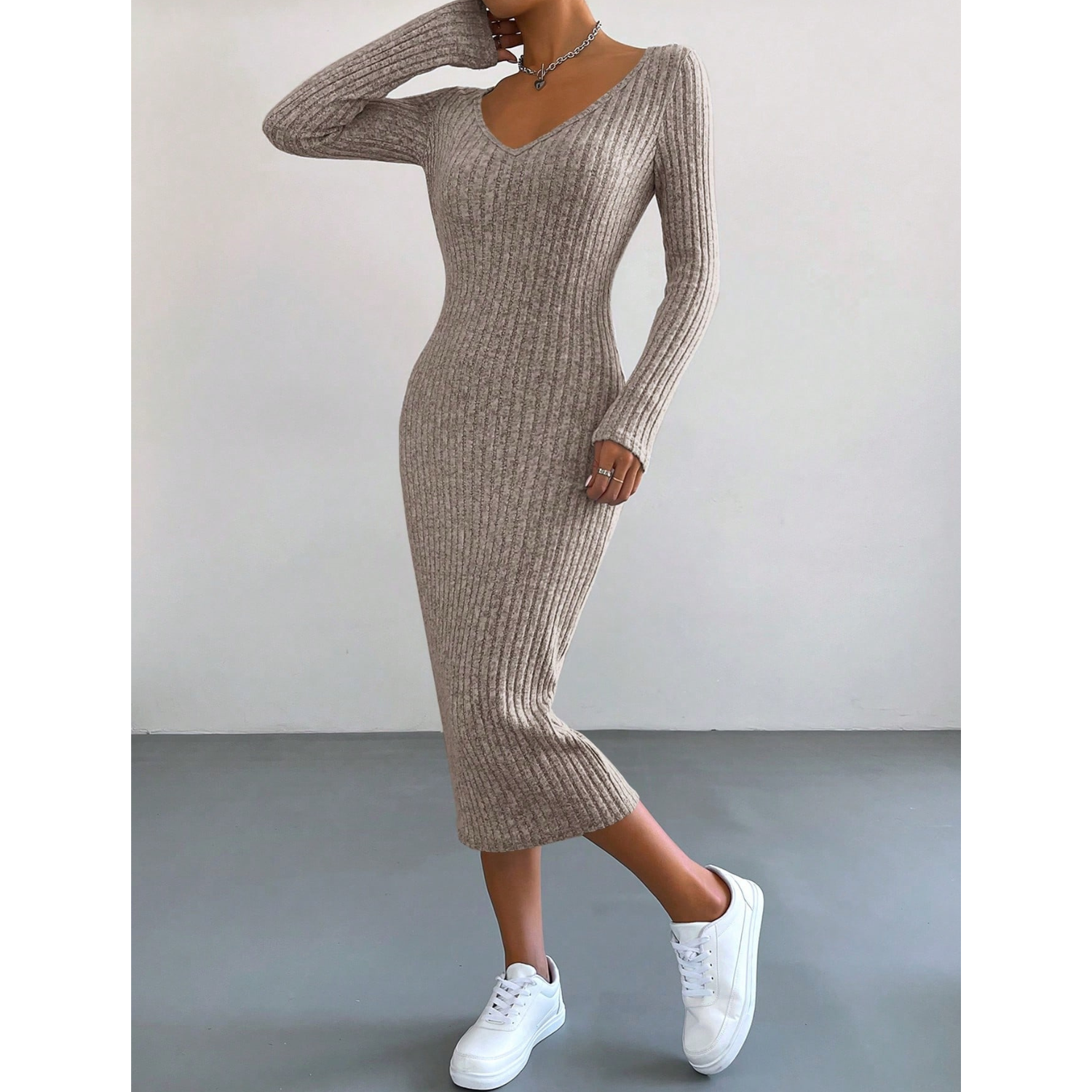 Vestido Mujer Ajustado Canalé Cuello Halter V O Alto-4