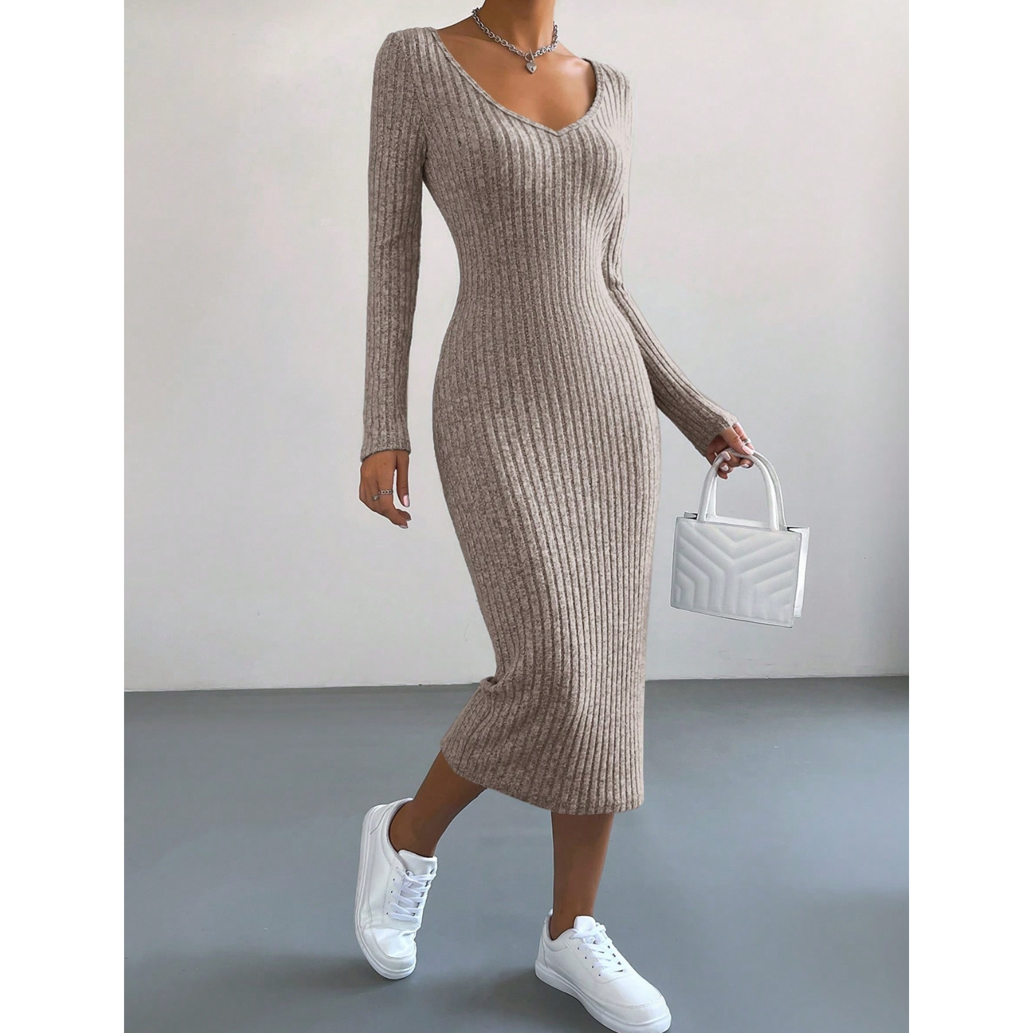 Vestido Mujer Ajustado Canalé Cuello Halter V O Alto-6