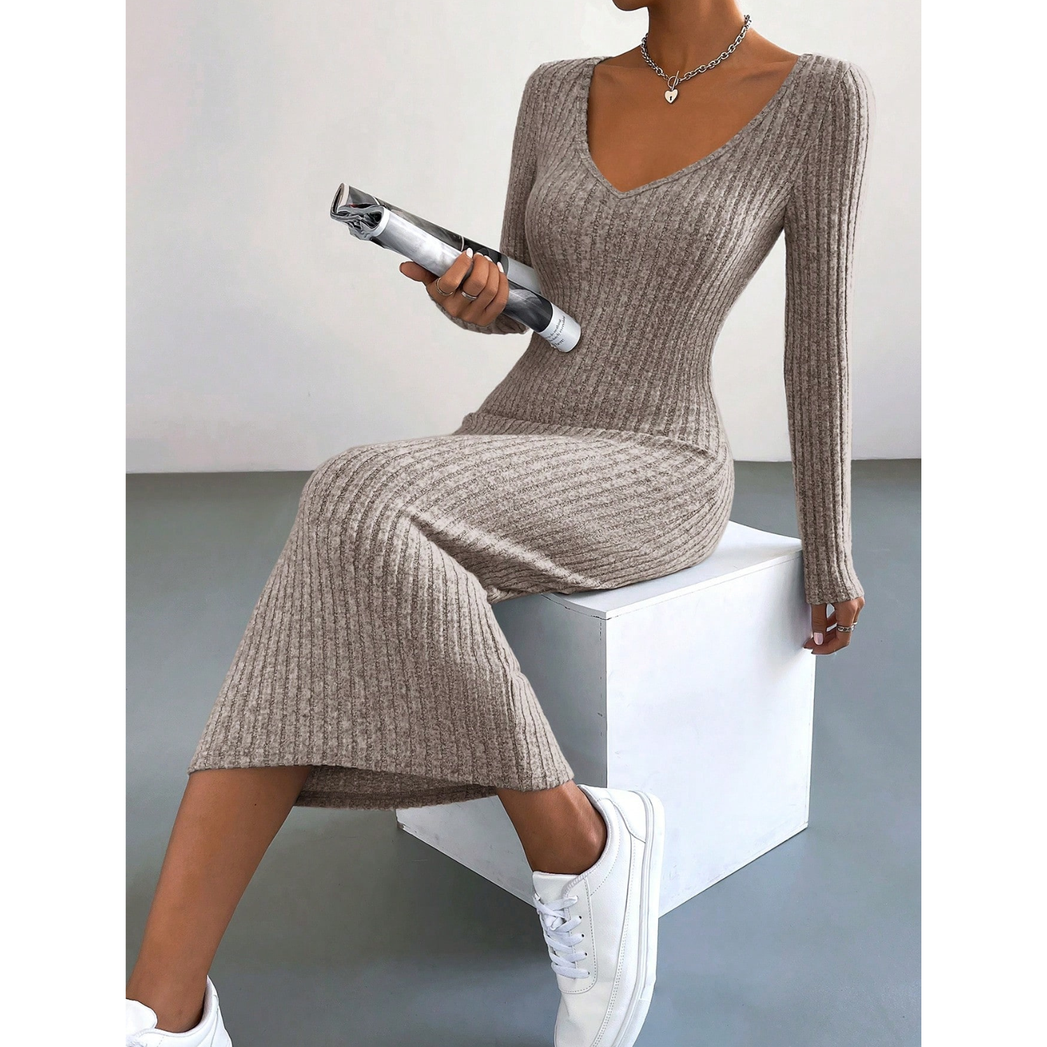 Vestido Mujer Ajustado Canalé Cuello Halter V O Alto-7