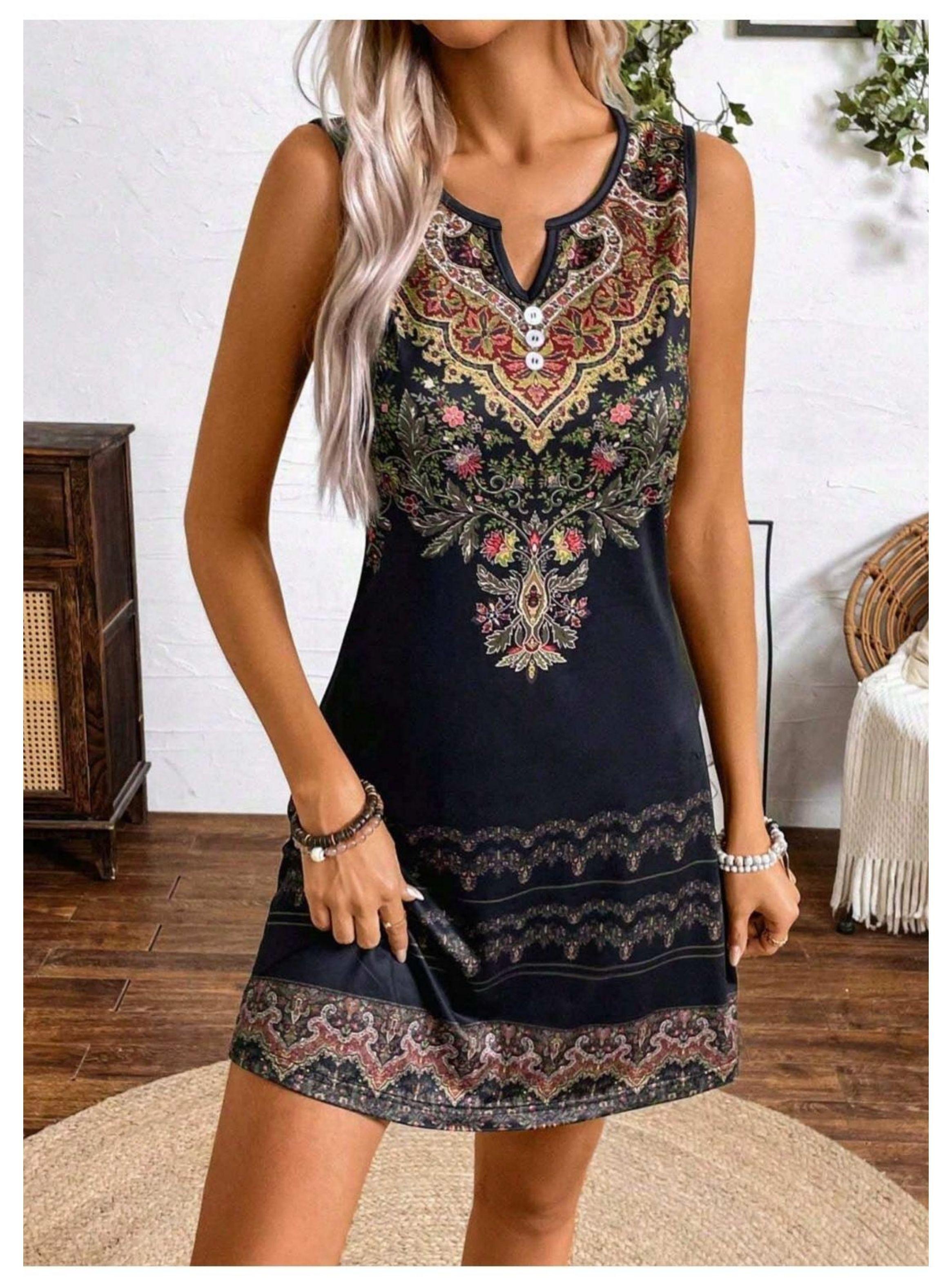 Vestido De Mujer Negro Vintage Estampado Bohemio-5