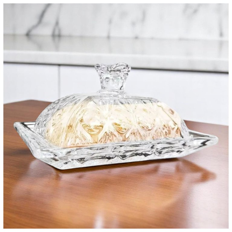 Mantequillera De Vidrio Diseño Vintage Tallado Con Tapa Transparente-5