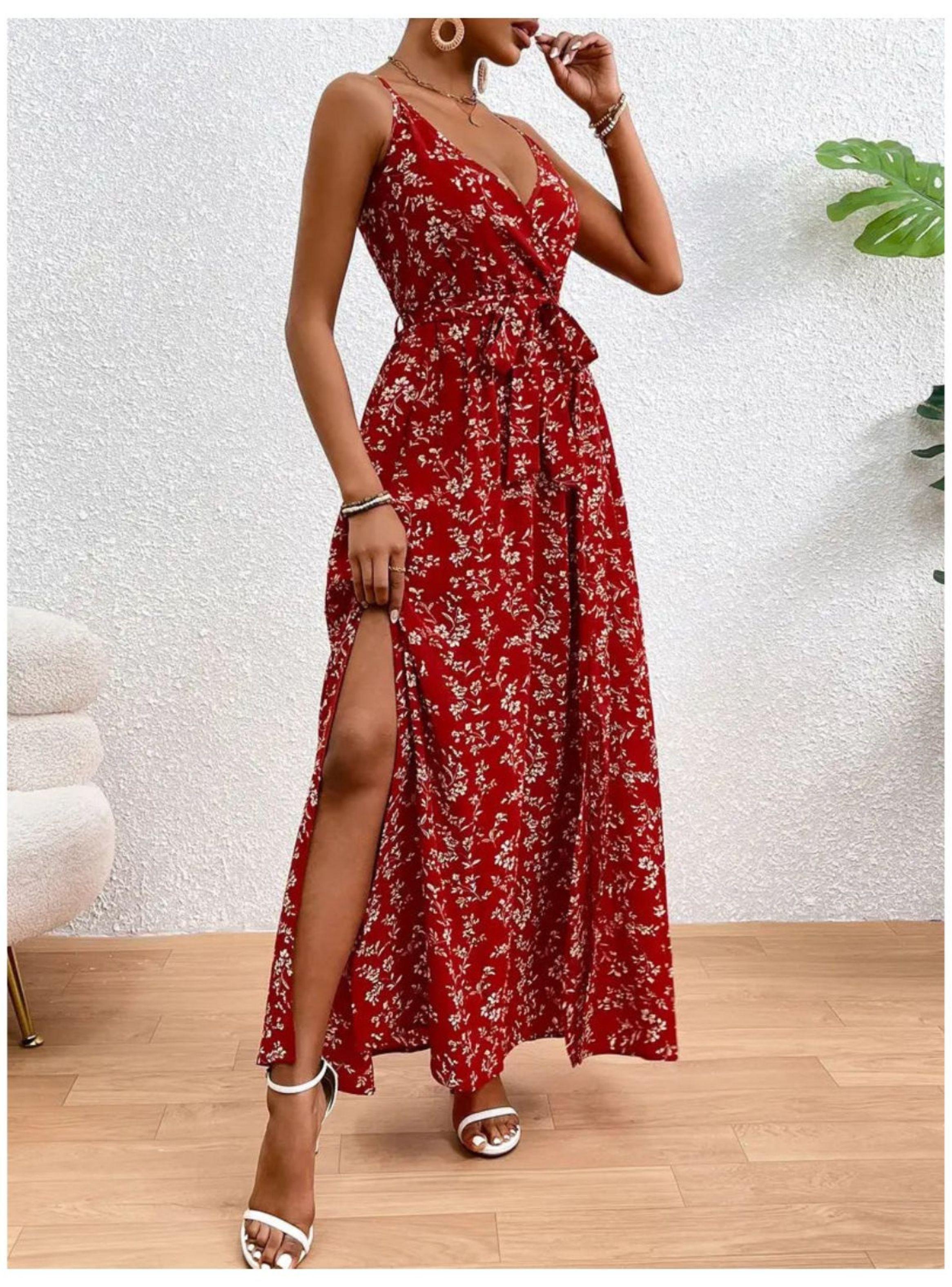 Vestido De Mujer Largo Estampado Floral Tipo Camiseta Cinturon-2