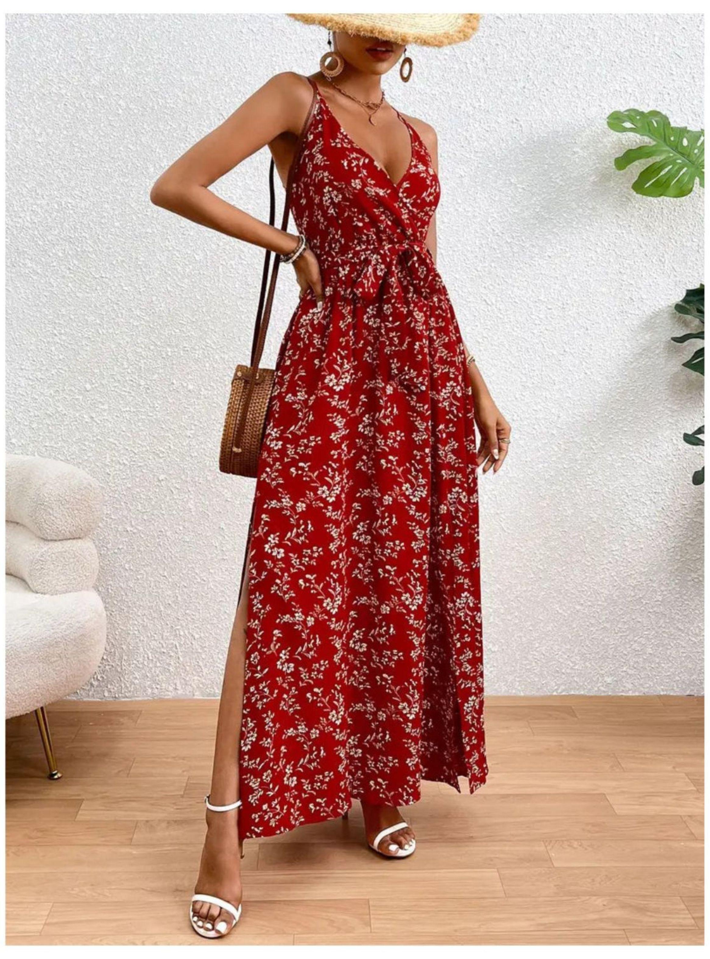Vestido De Mujer Largo Estampado Floral Tipo Camiseta Cinturon-3