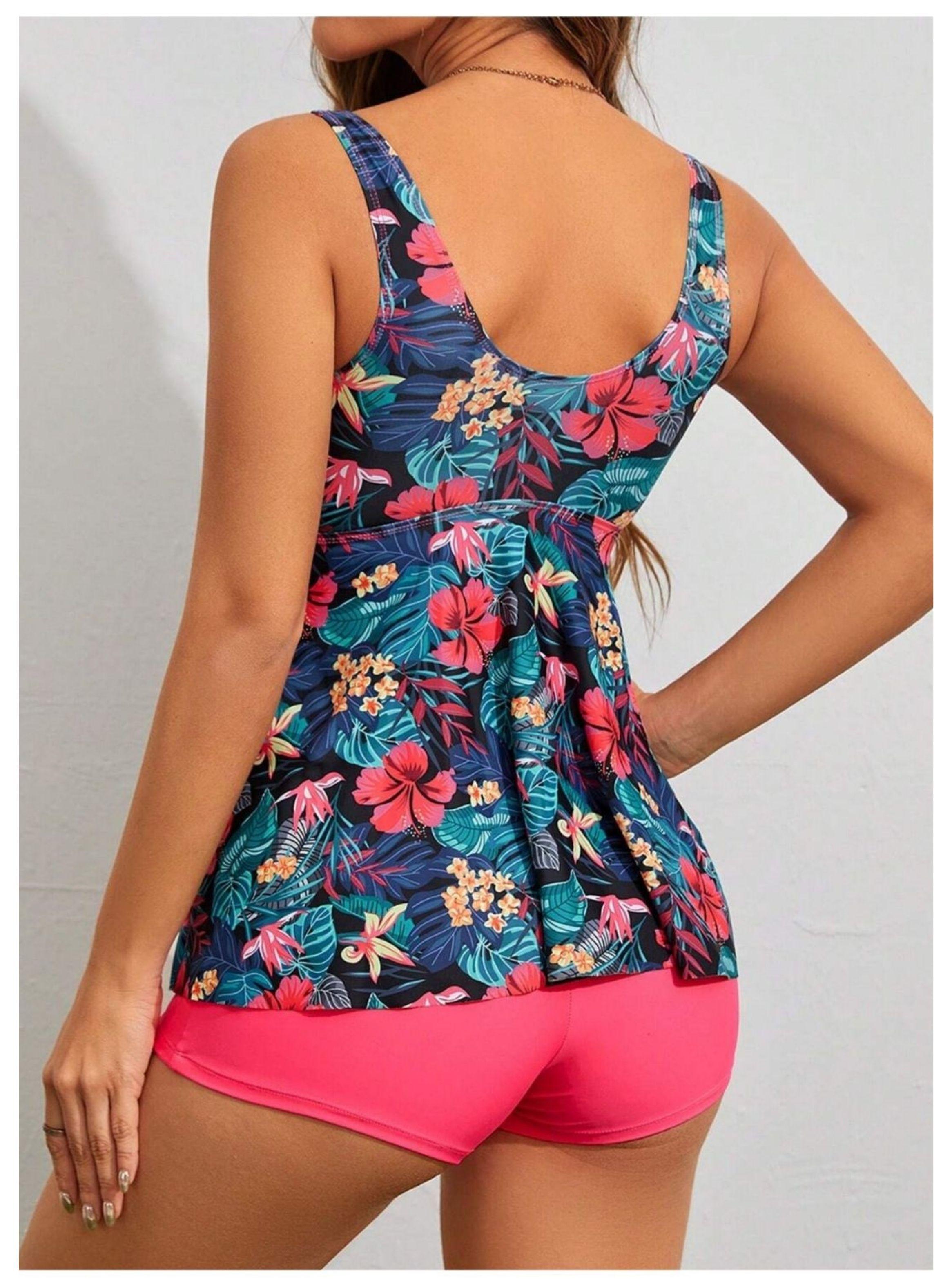 Conjunto De Bikini Tankini Con Short Tropical Para Mujer-1