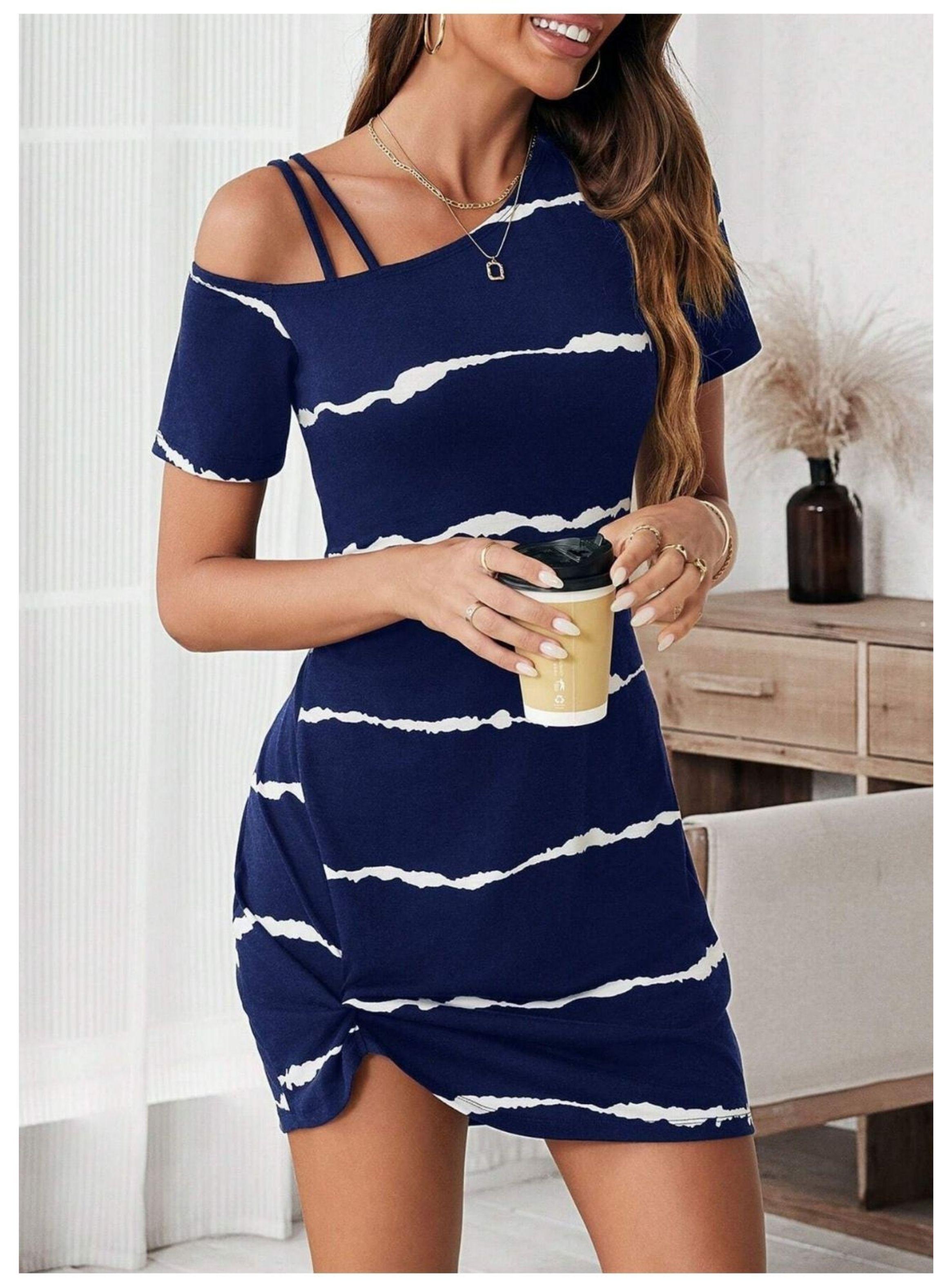 Vestido Mini Casual Azul Drapeado Cuello Asimétrico-2