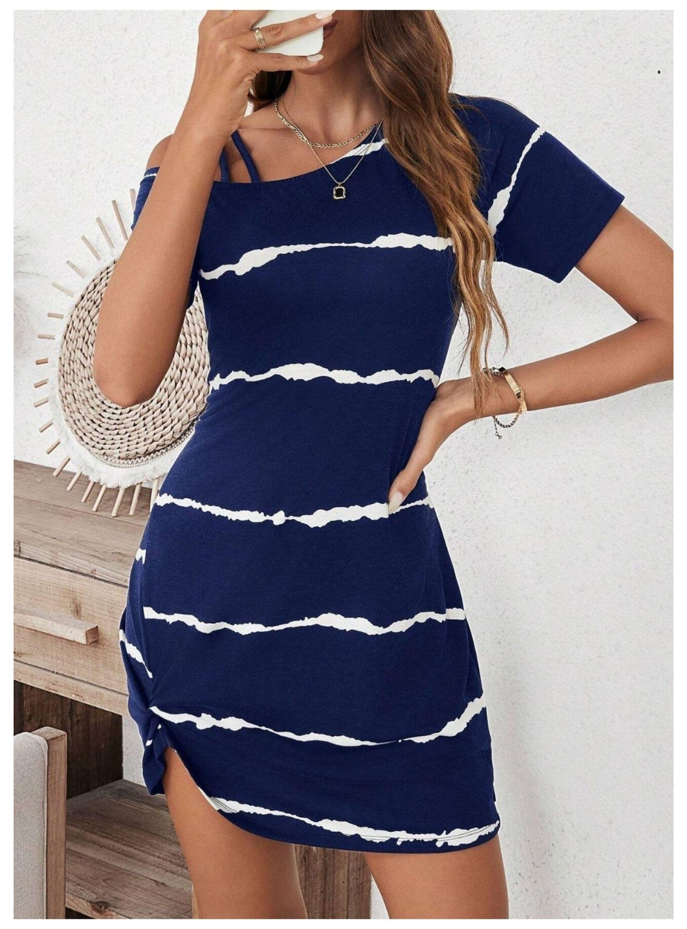 Vestido Mini Casual Azul Drapeado Cuello Asimétrico-6