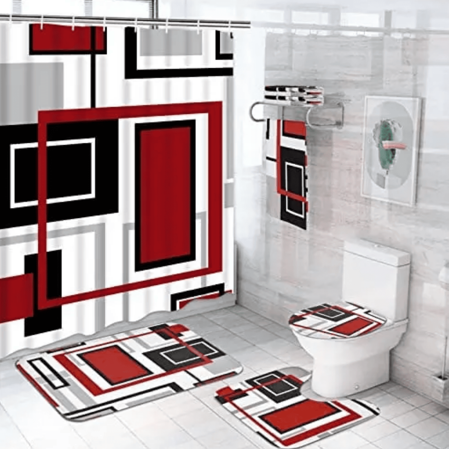 Set Juego De Baño 4 Piezas Con Cortina Y Alfombra Antideslizante-2