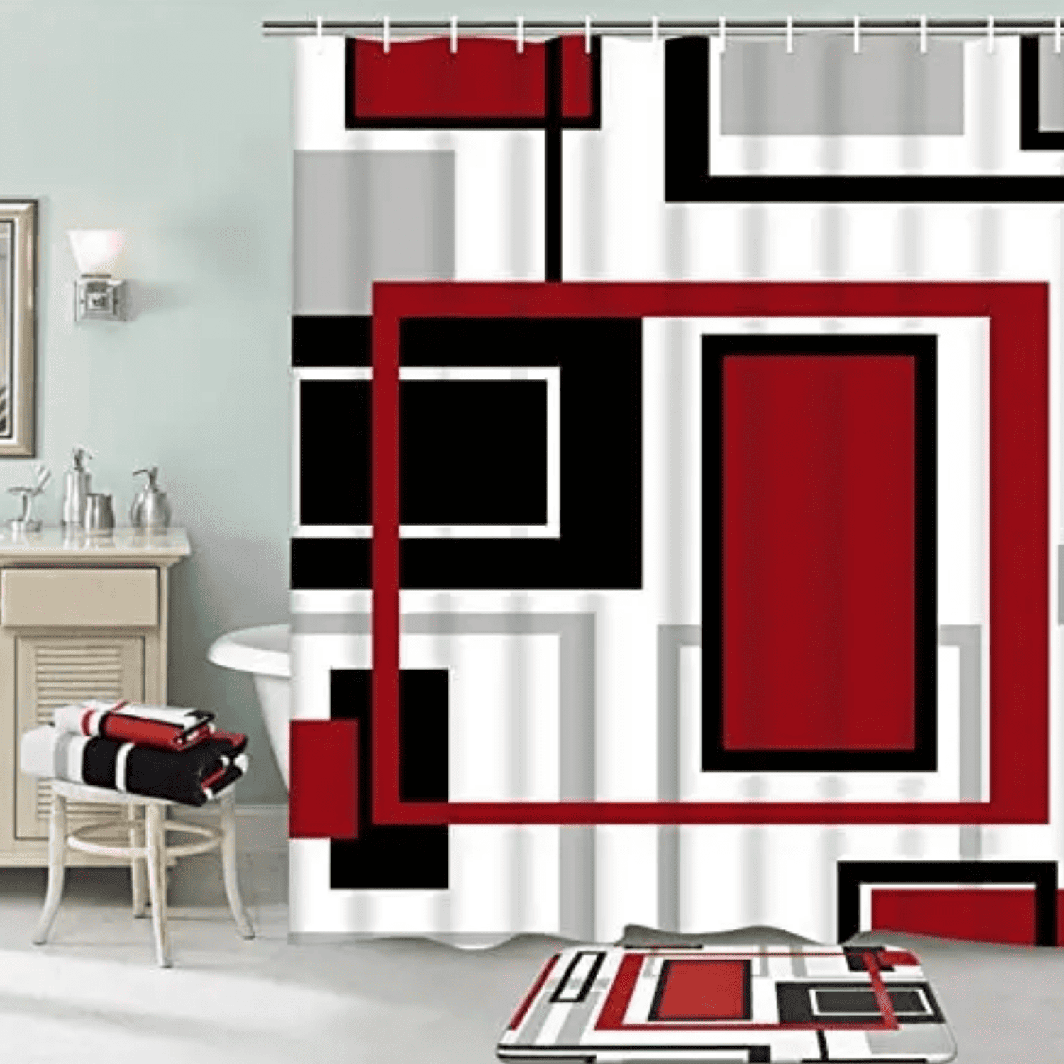 Set Juego De Baño 4 Piezas Con Cortina Y Alfombra Antideslizante-3