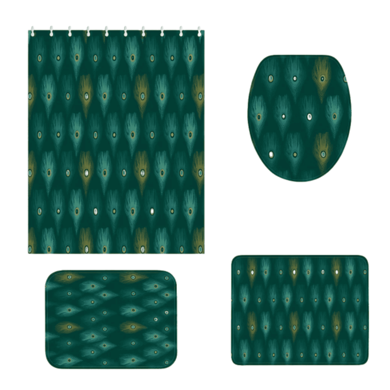 Juego Baño 4 Piezas Cortina Tela Poliéster Impermeable Verde-2