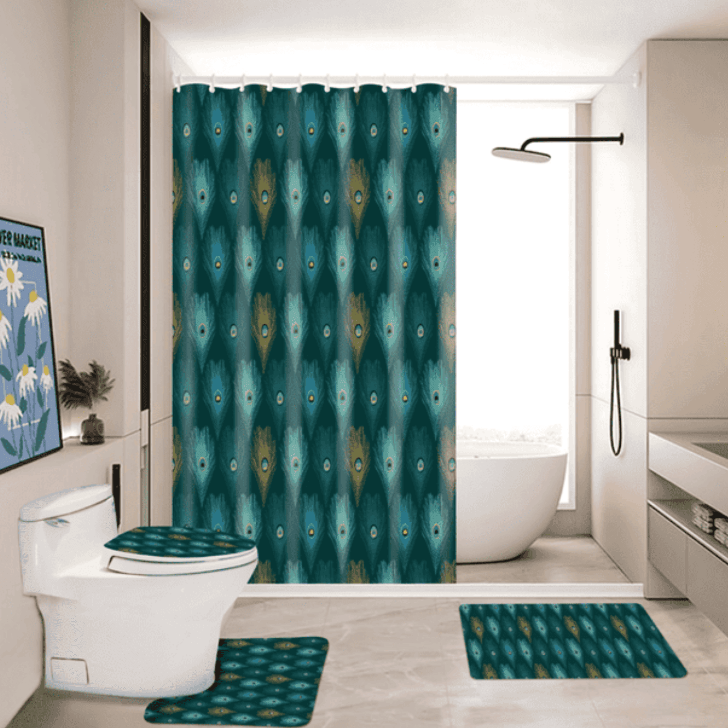 Juego Baño 4 Piezas Cortina Tela Poliéster Impermeable Verde-3