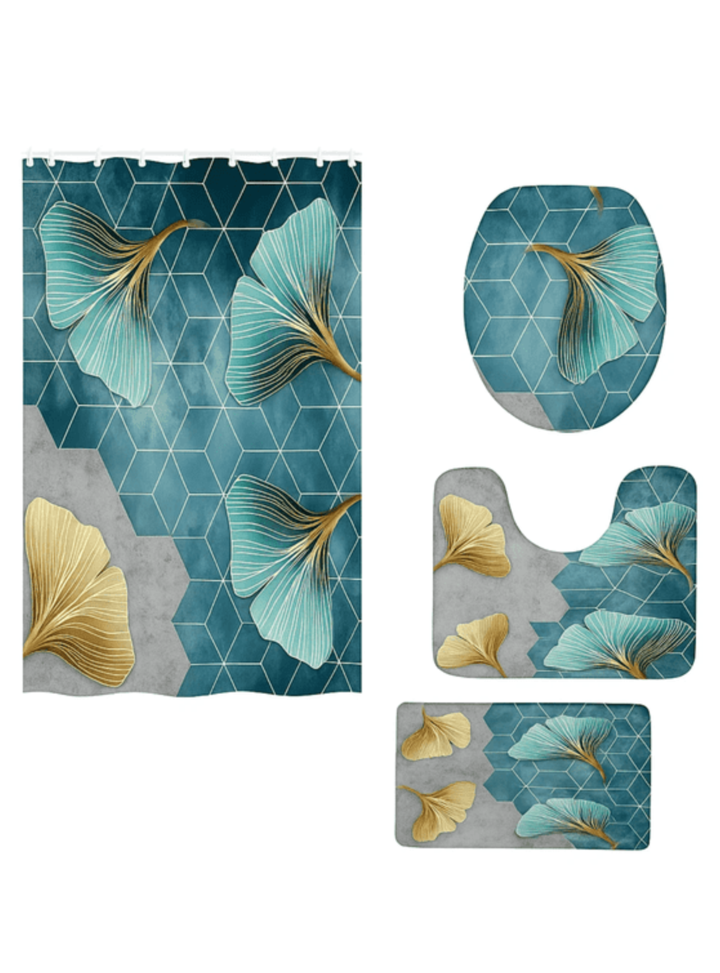 Juego Baño 4 Piezas Cortina Tela Poliéster Impermeable Flores-2