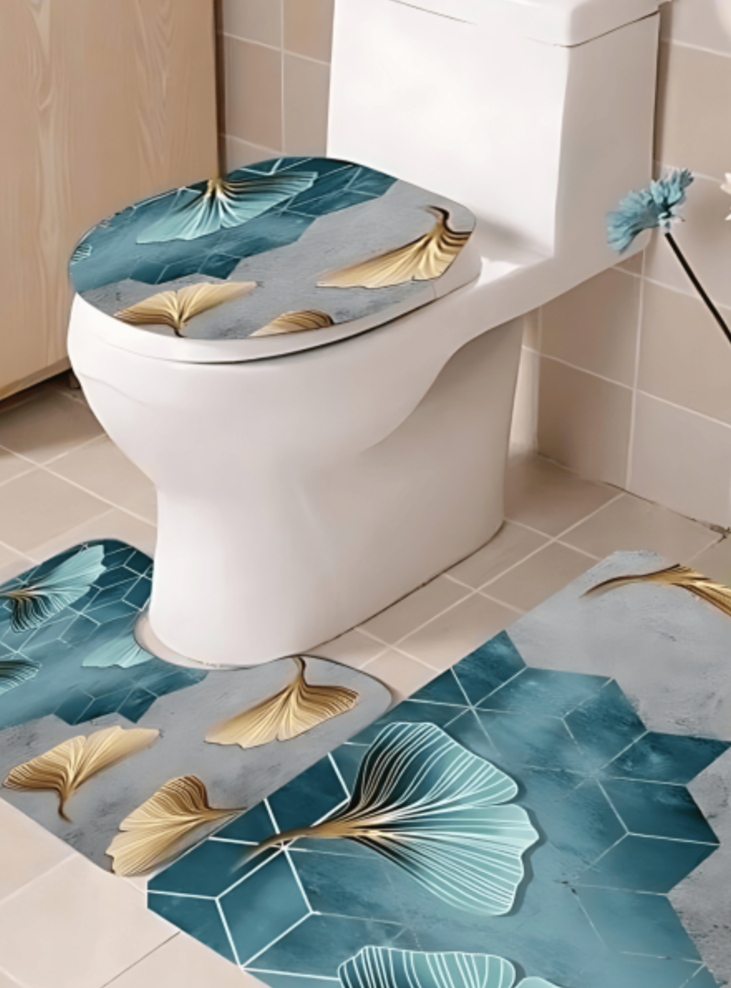 Juego Baño 4 Piezas Cortina Tela Poliéster Impermeable Flores-3