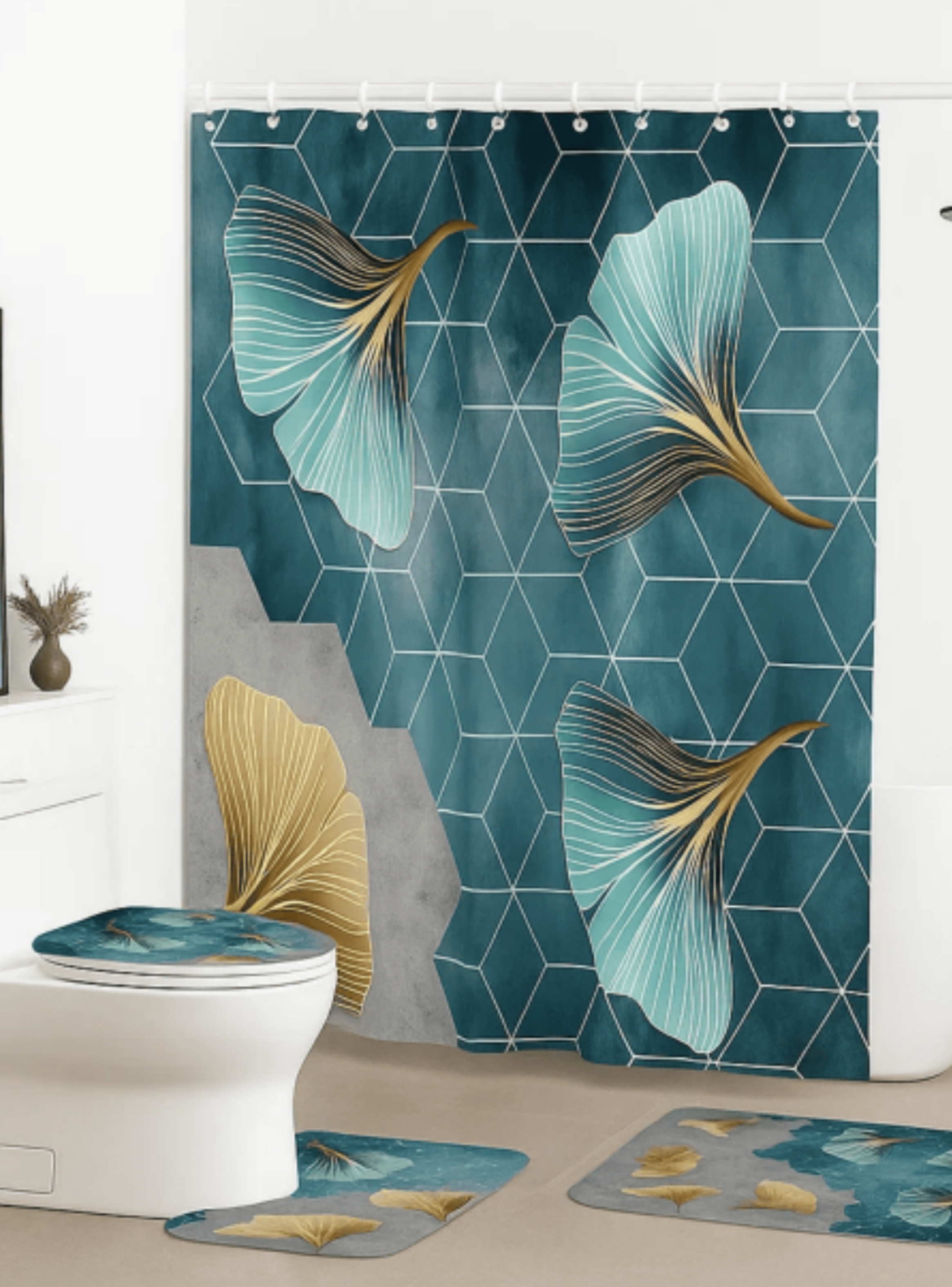 Juego Baño 4 Piezas Cortina Tela Poliéster Impermeable Flores-4