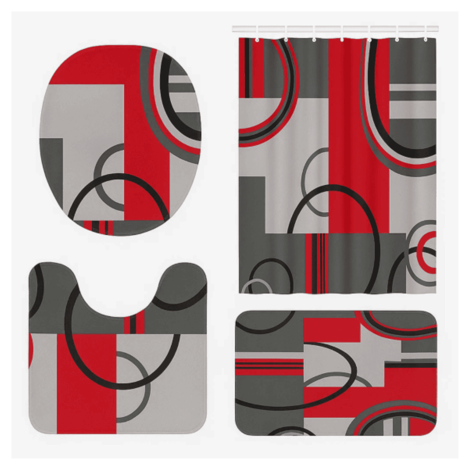 Juego Baño 4 Piezas Cortina Tela Poliéster Impermeable Rojo-2