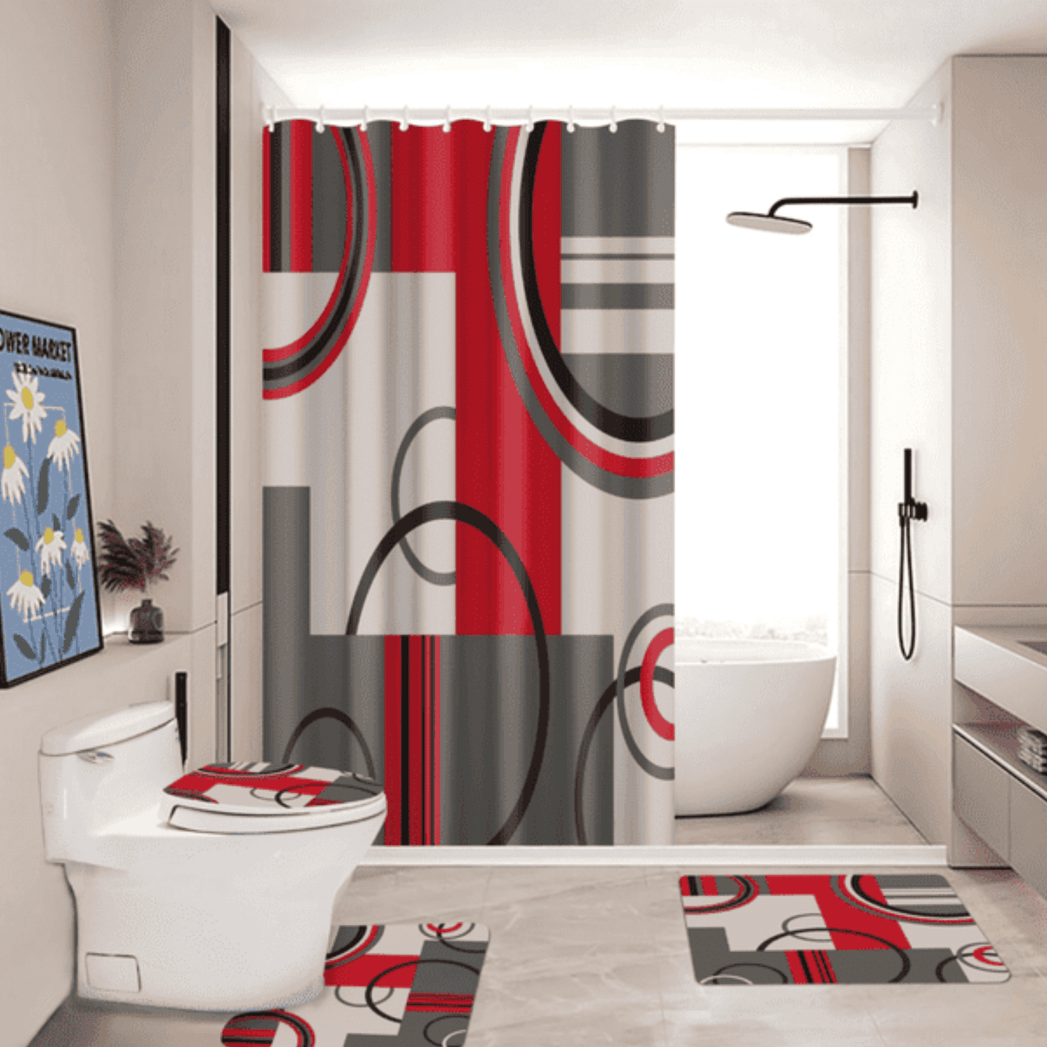 Juego Baño 4 Piezas Cortina Tela Poliéster Impermeable Rojo-3