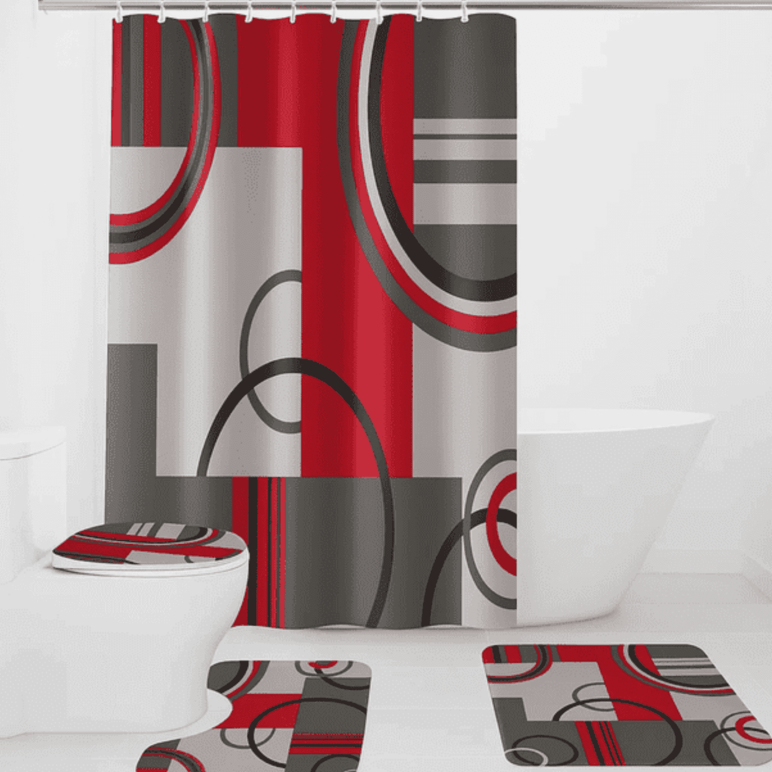 Juego Baño 4 Piezas Cortina Tela Poliéster Impermeable Rojo-4