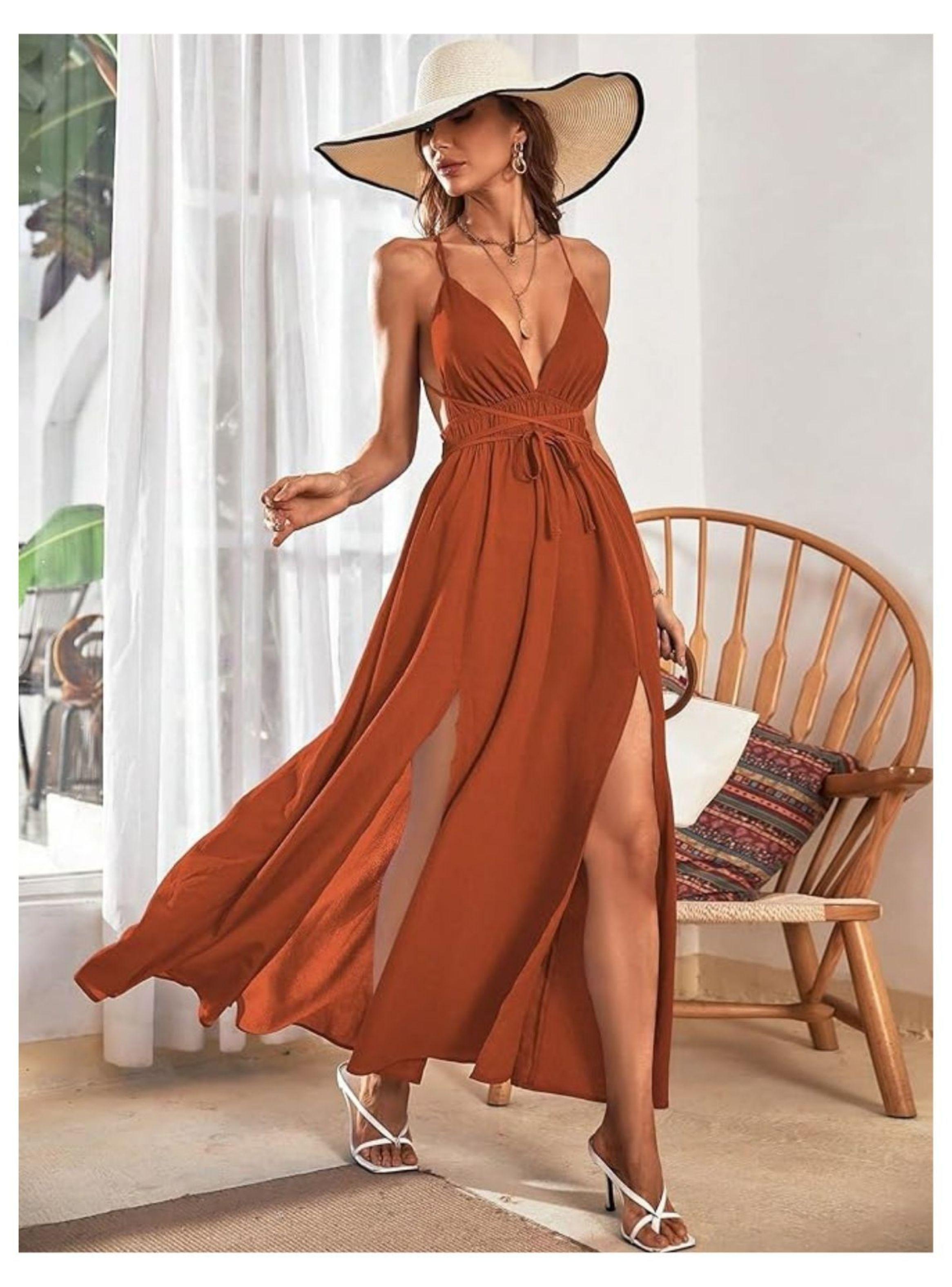 Vestido Largo de Mujer Camisero Escote V Profundo-2