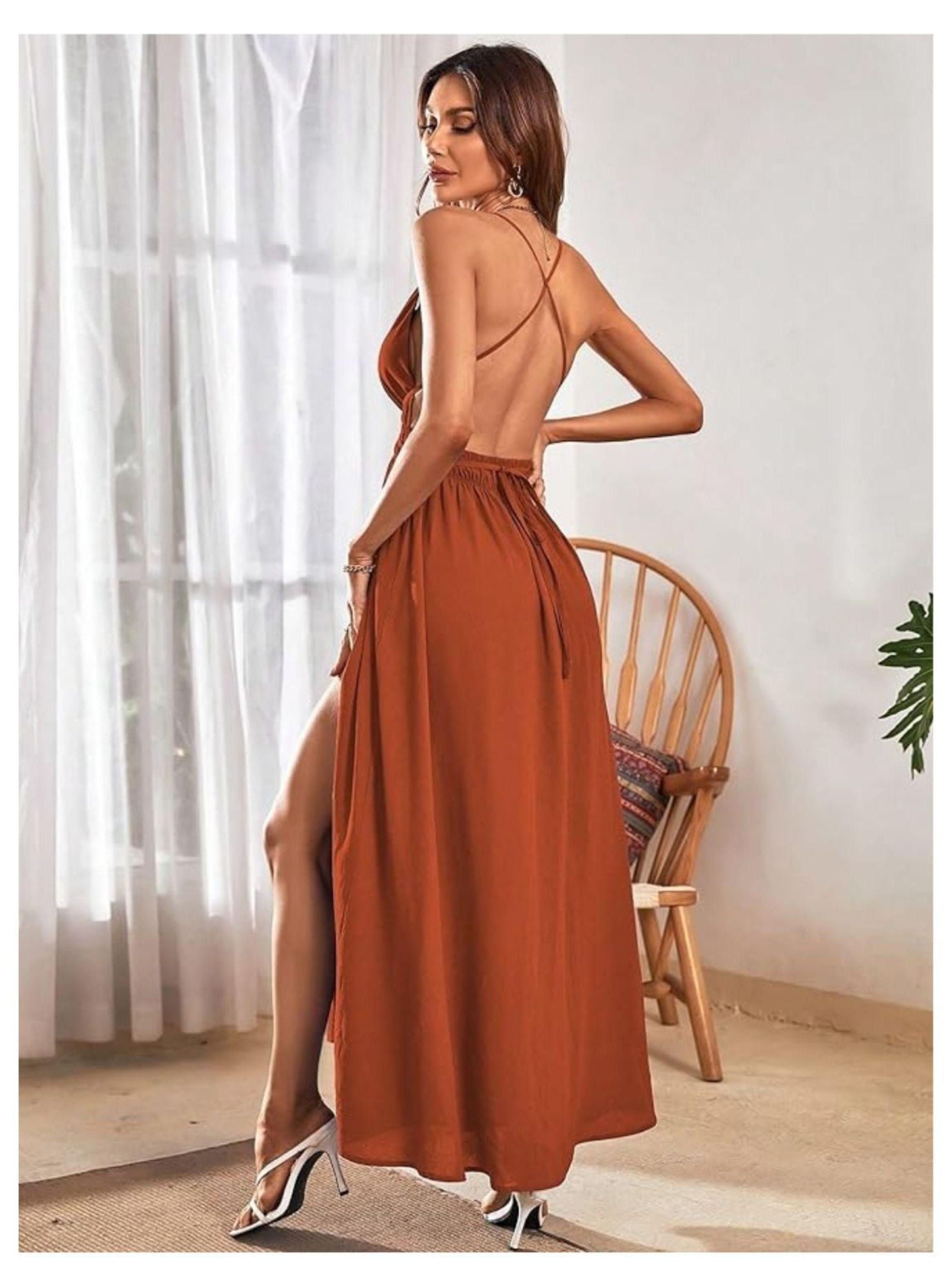 Vestido Largo de Mujer Camisero Escote V Profundo-3