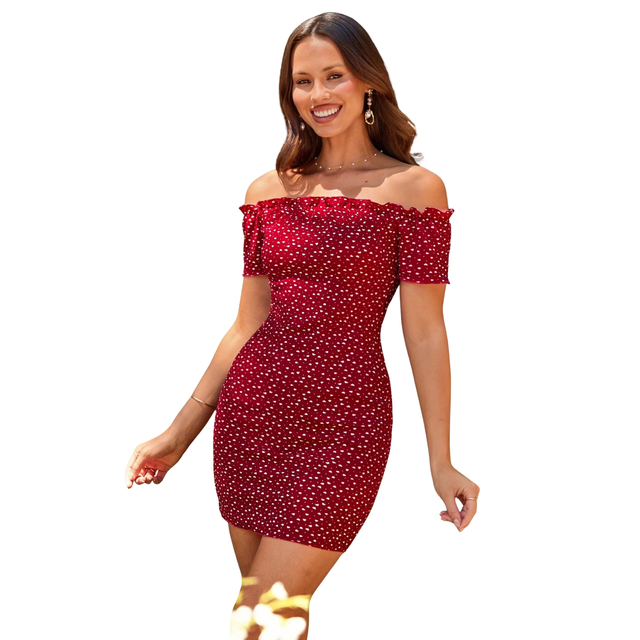 Vestido Mujer Ajustado Corto Con Volantes Hombros Descubierto-0