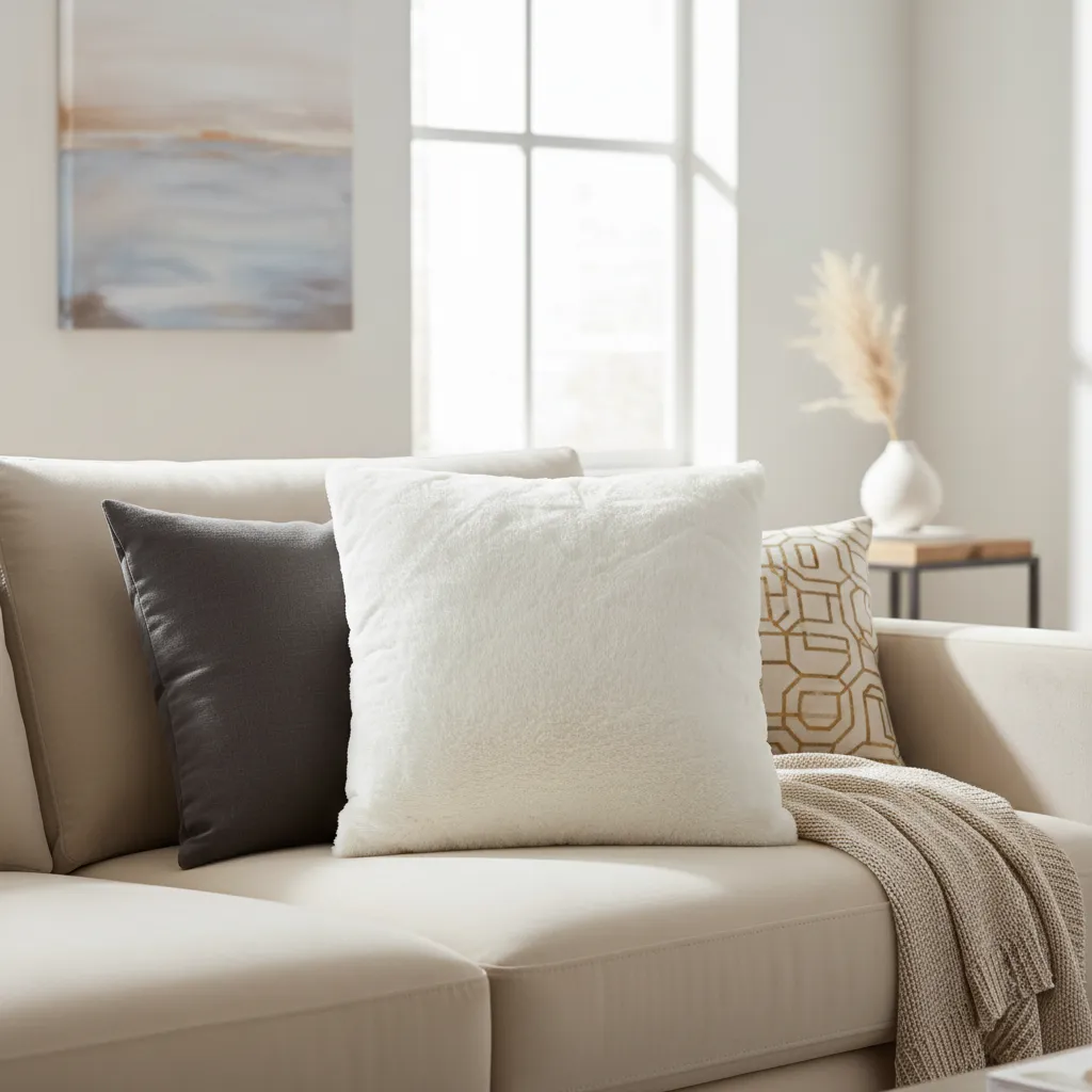 Funda De Coj n Peludo Marfil 45x45cm Con Relieve Suave Para Sofas-2