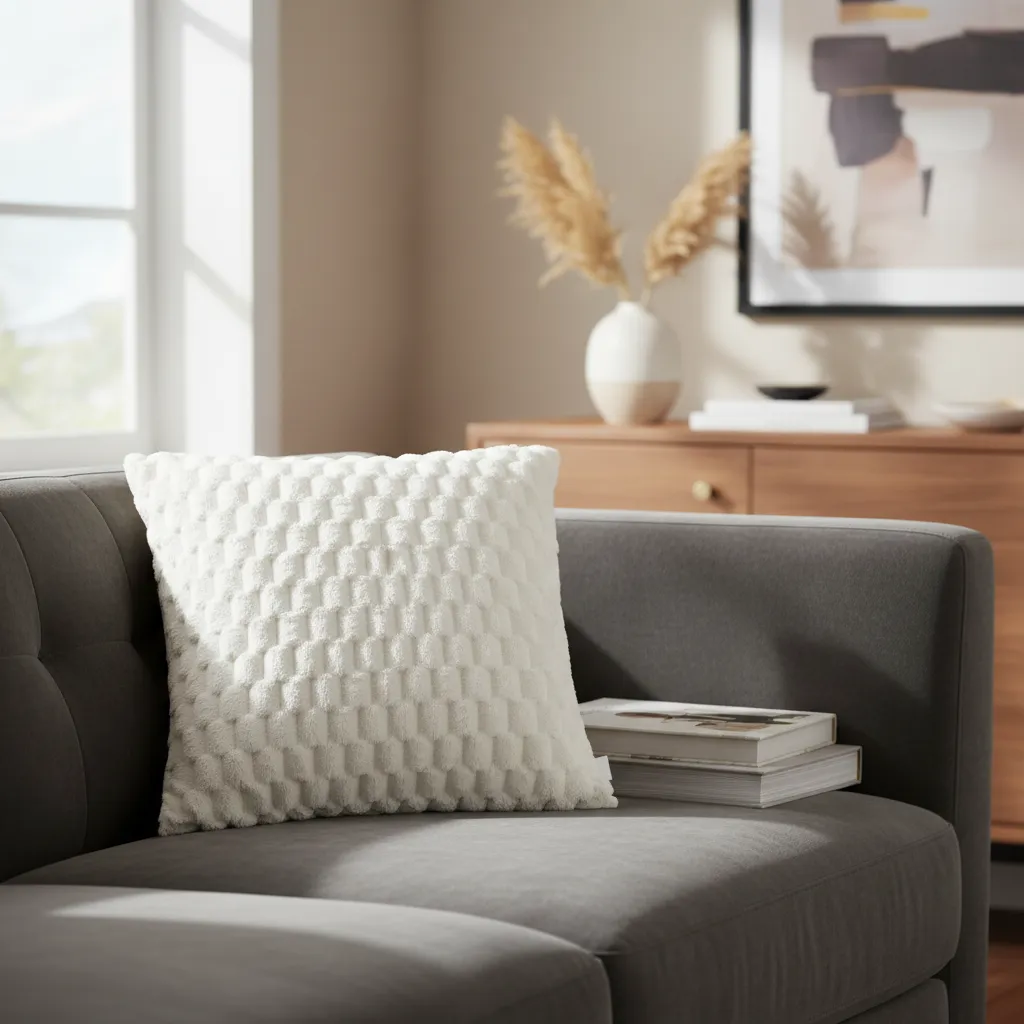 Cojin Con Relleno Cuadriculado Marfil 45x45cm Con Relieve Suave Para Sofas-2