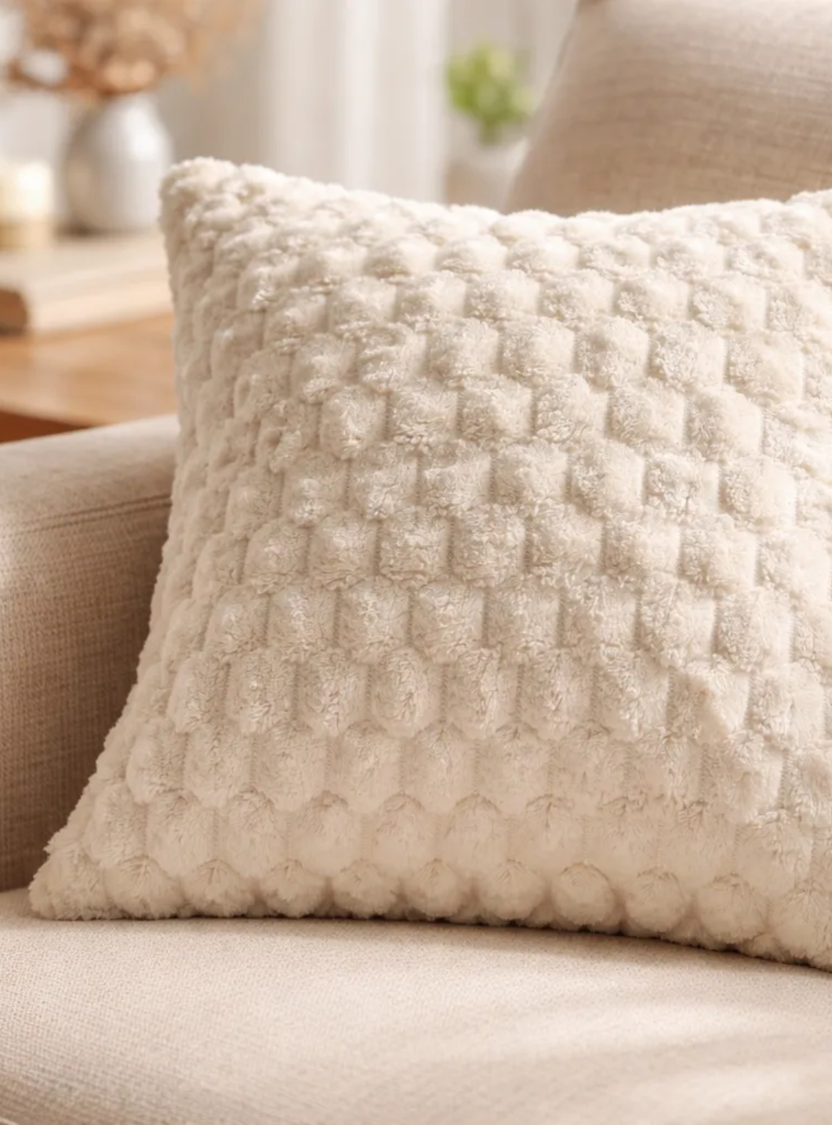 Funda De Cojin Cuadriculado Marfil 45x45cm Con Relieve Suave Para Sofas-2