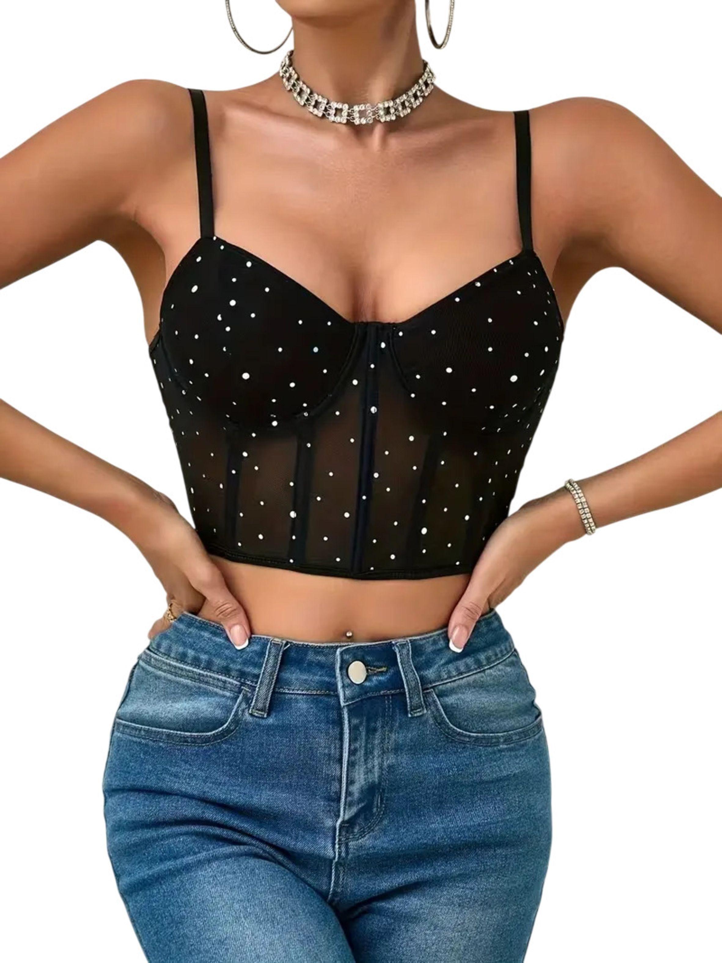 Crop Top Con Brillos Y Tirantes Tipo Corset - Para Mujer -3