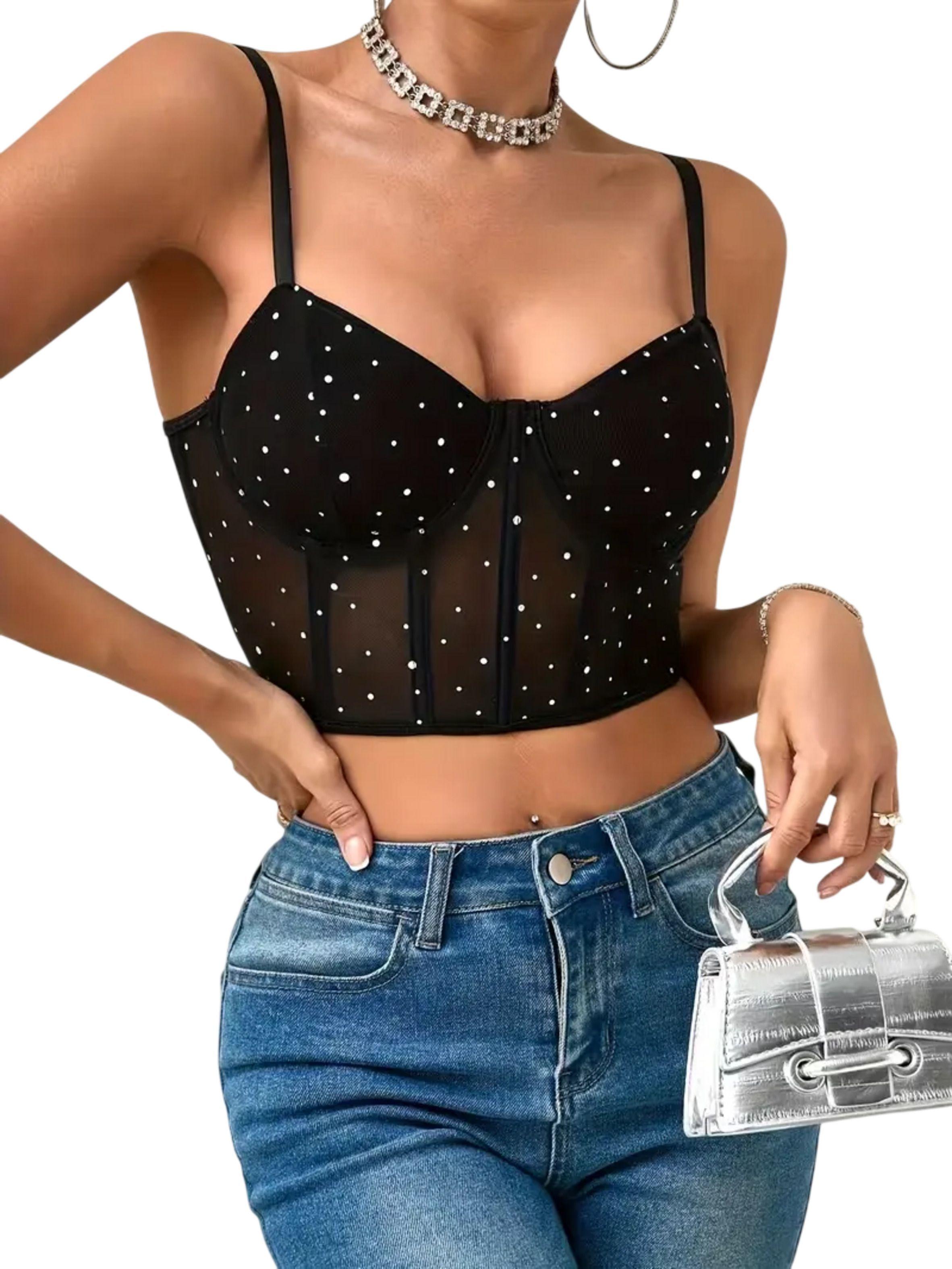 Crop Top Con Brillos Y Tirantes Tipo Corset - Para Mujer -4