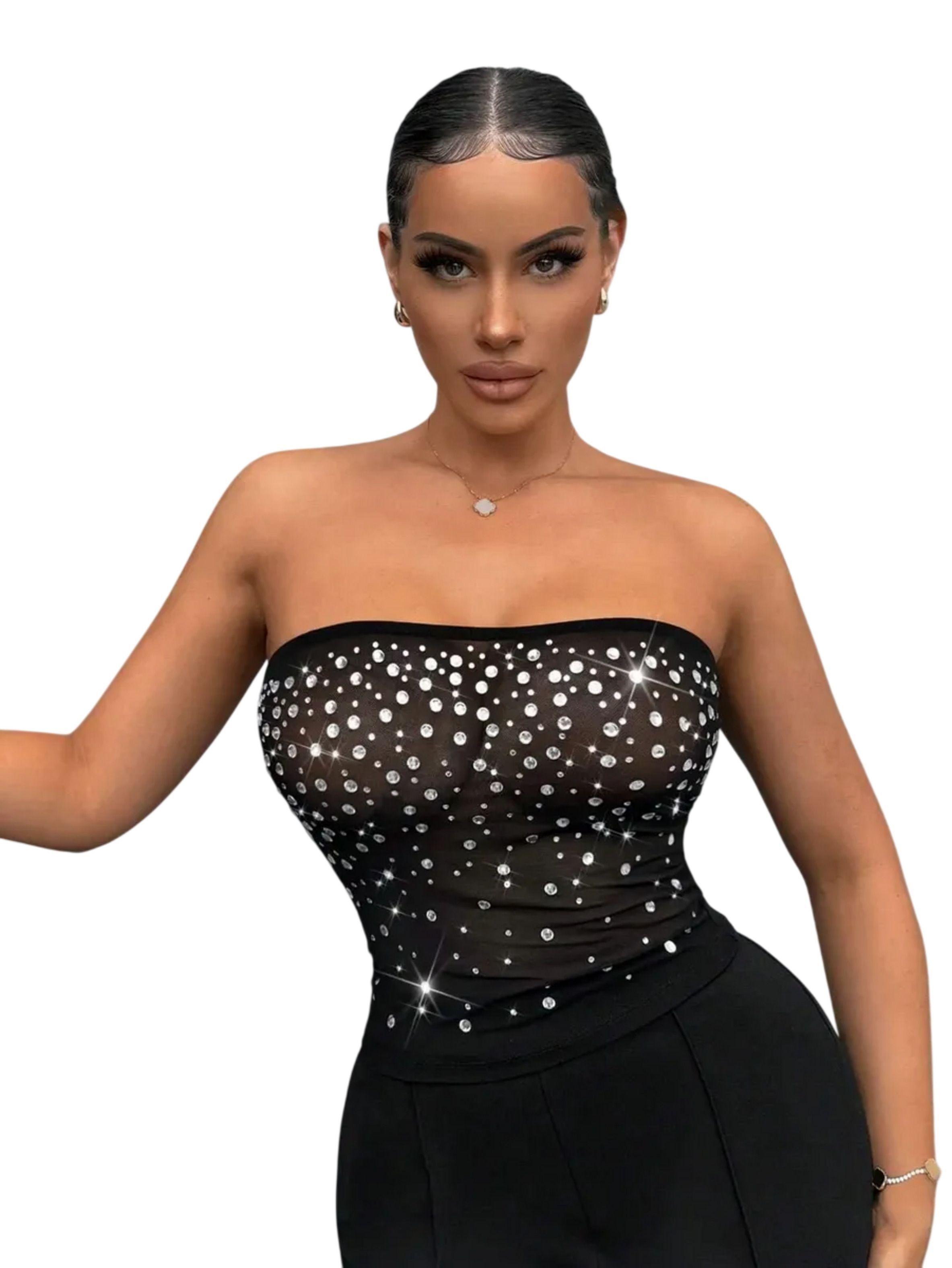 Crop Top Con Brillos - Strapless Translucido Para Mujer-0