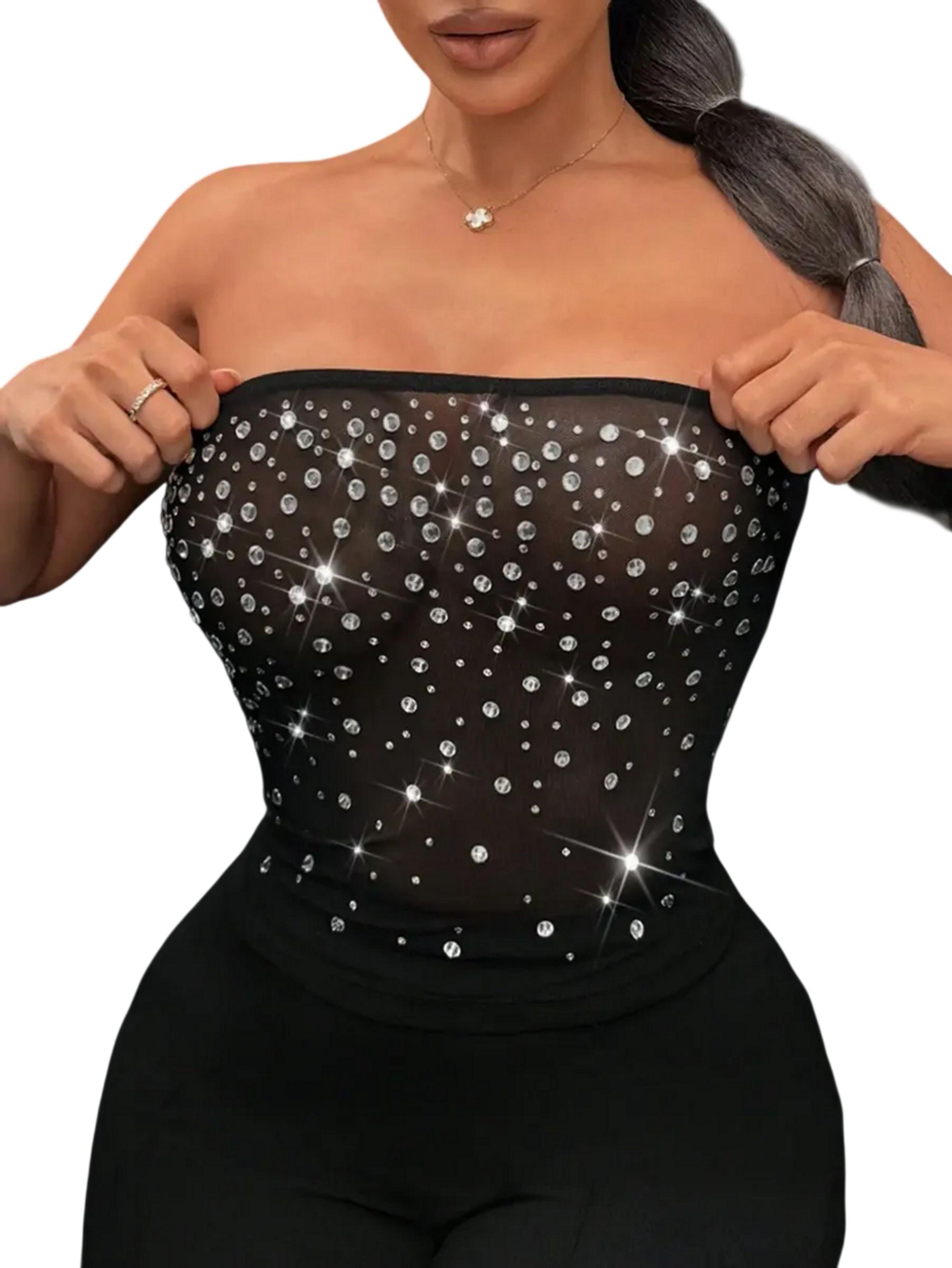 Crop Top Con Brillos - Strapless Translucido Para Mujer-1