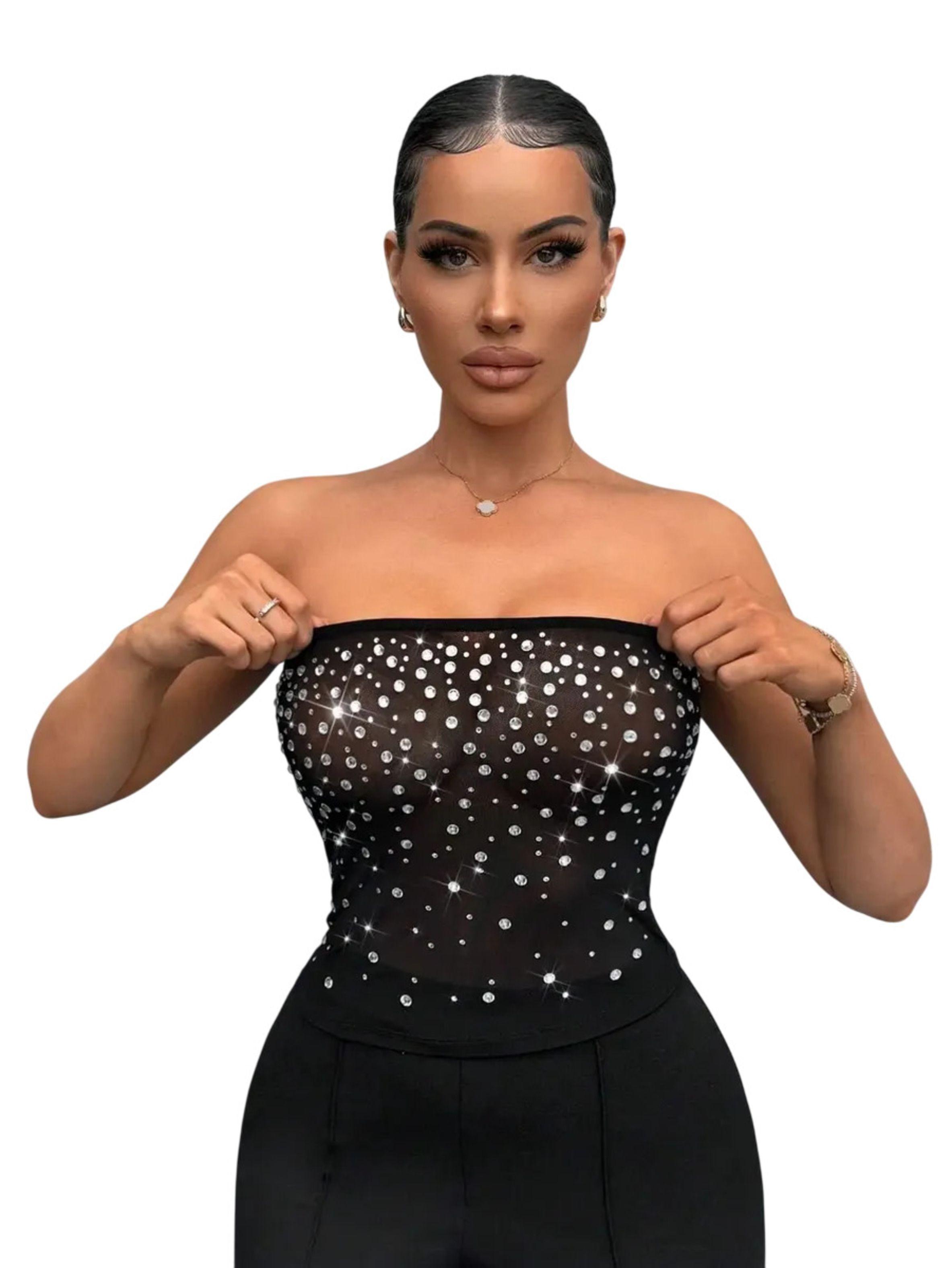 Crop Top Con Brillos - Strapless Translucido Para Mujer-4