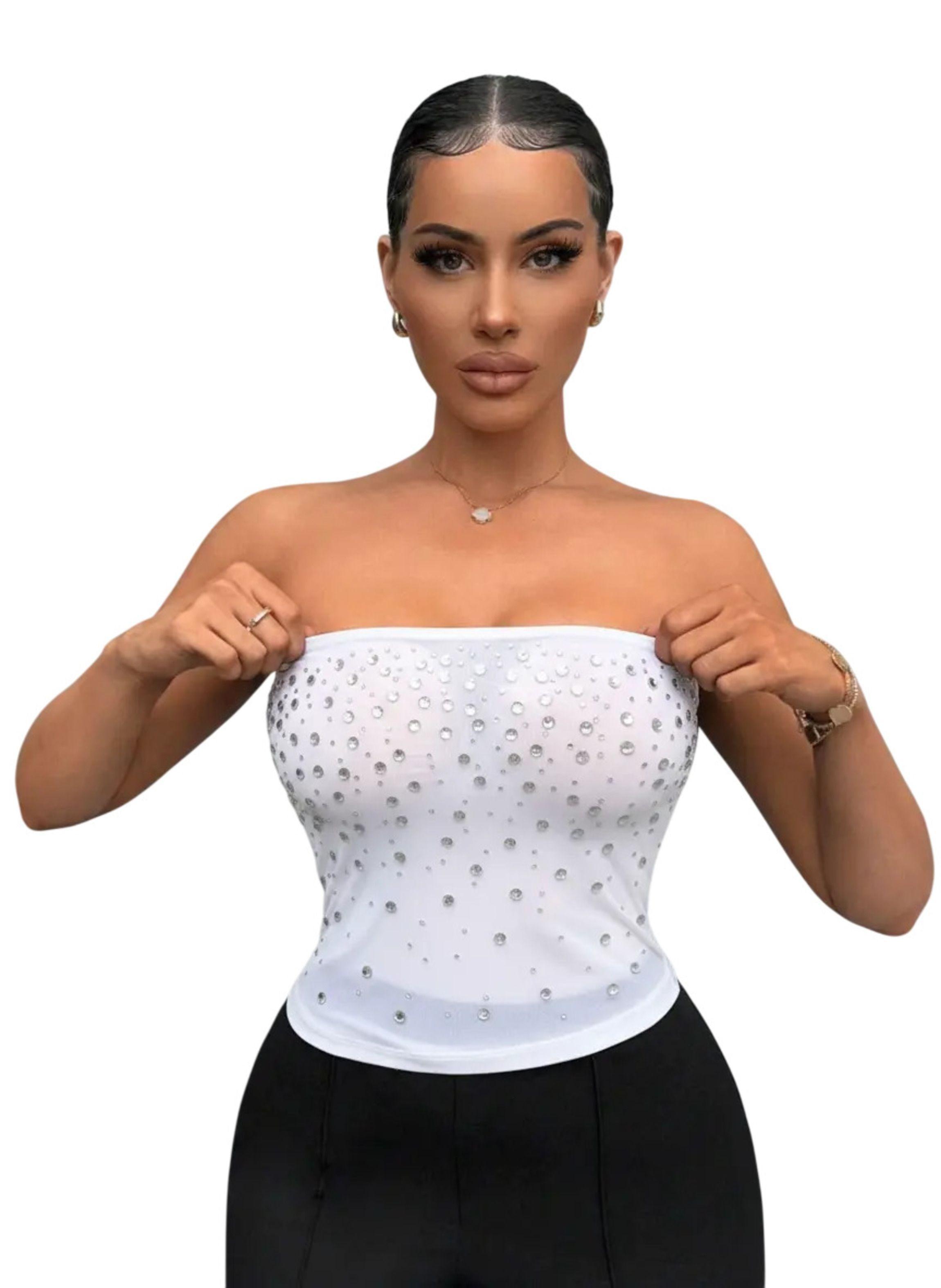 Crop Top Con Brillos - Strapless Translucido Para Mujer-0