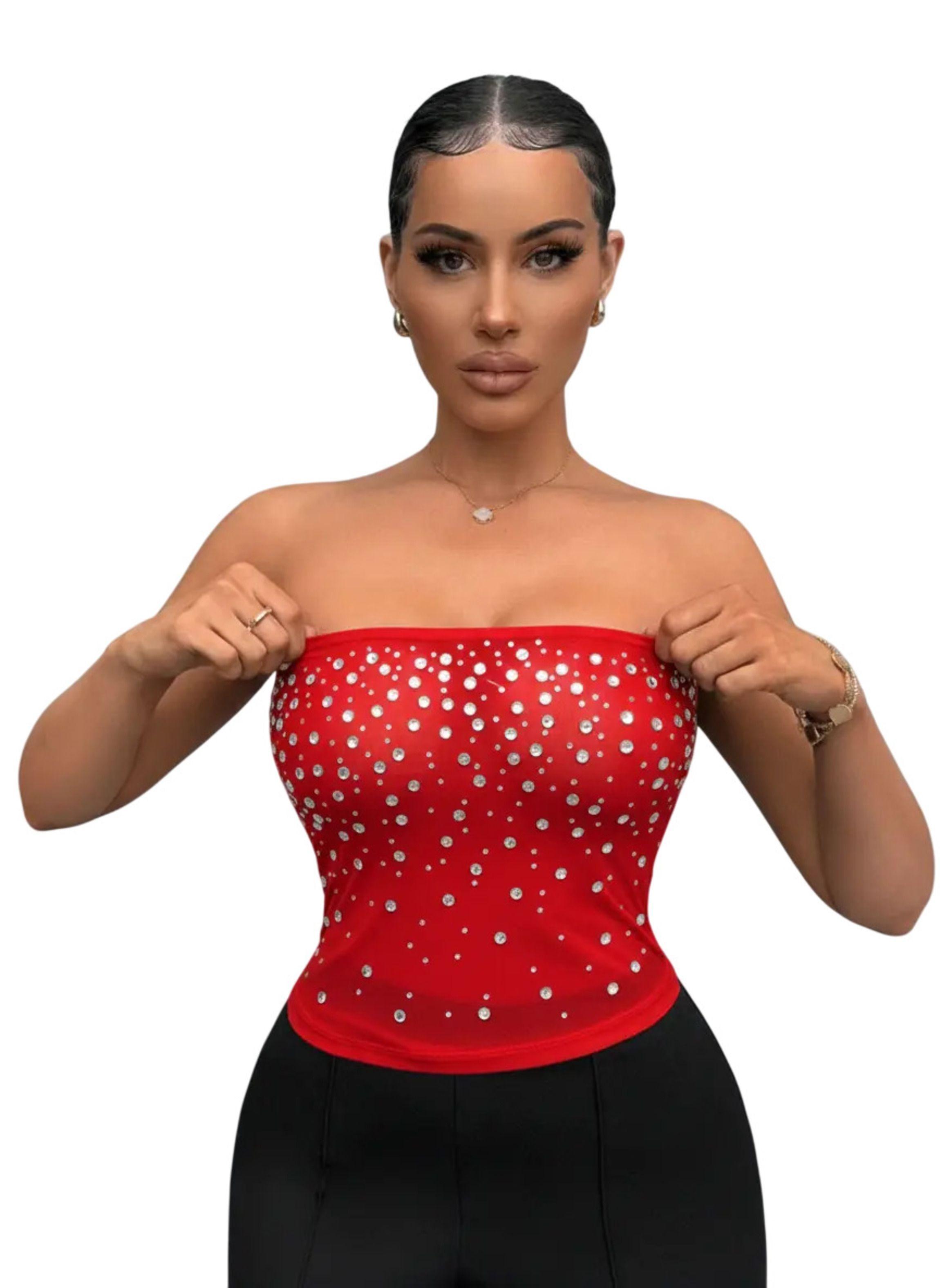 Crop Top Con Brillos - Strapless Translucido Para Mujer-0