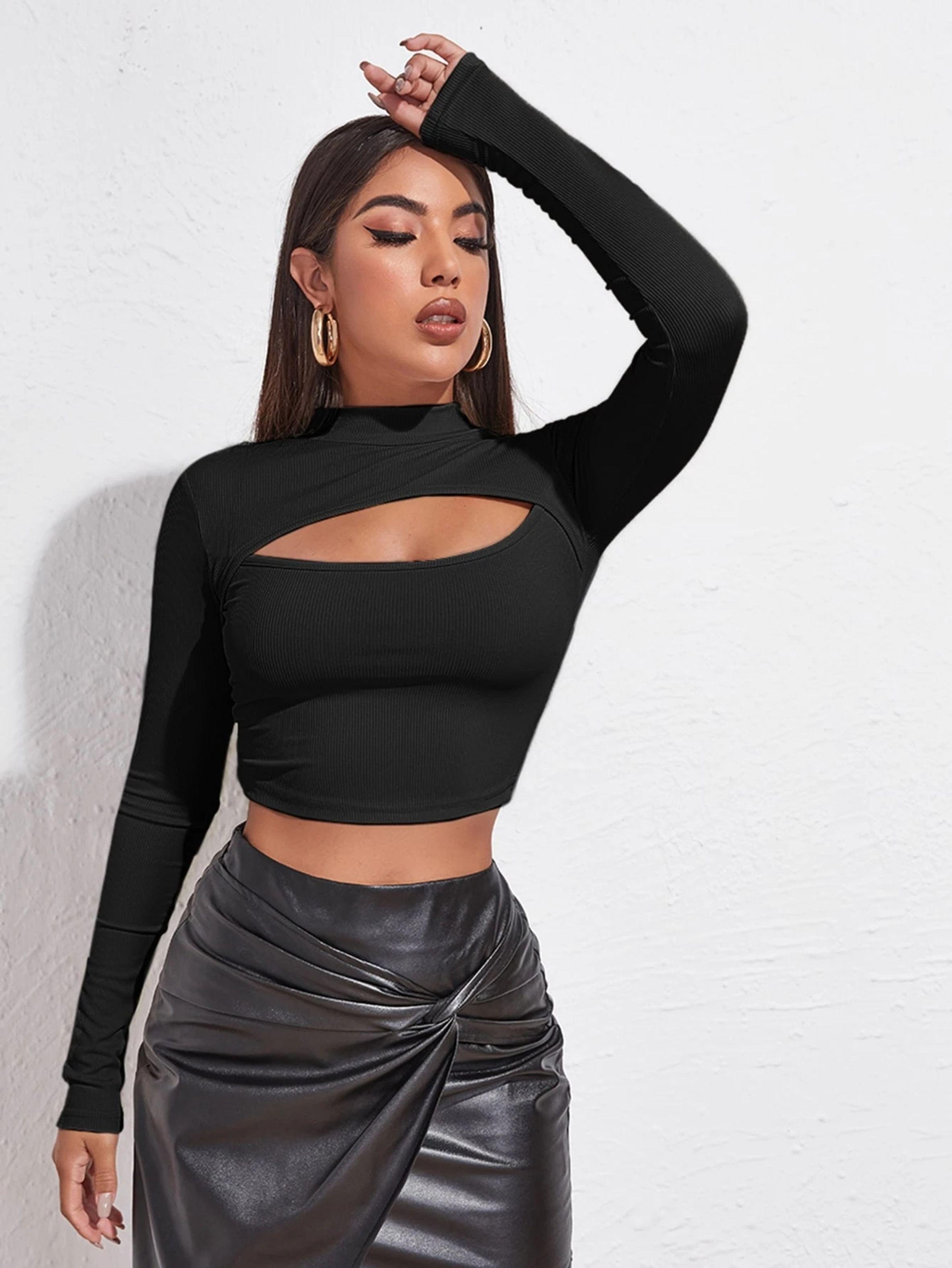 Crop Top Manga Larga Para Mujer Con Cuello Medio Y Escote-0