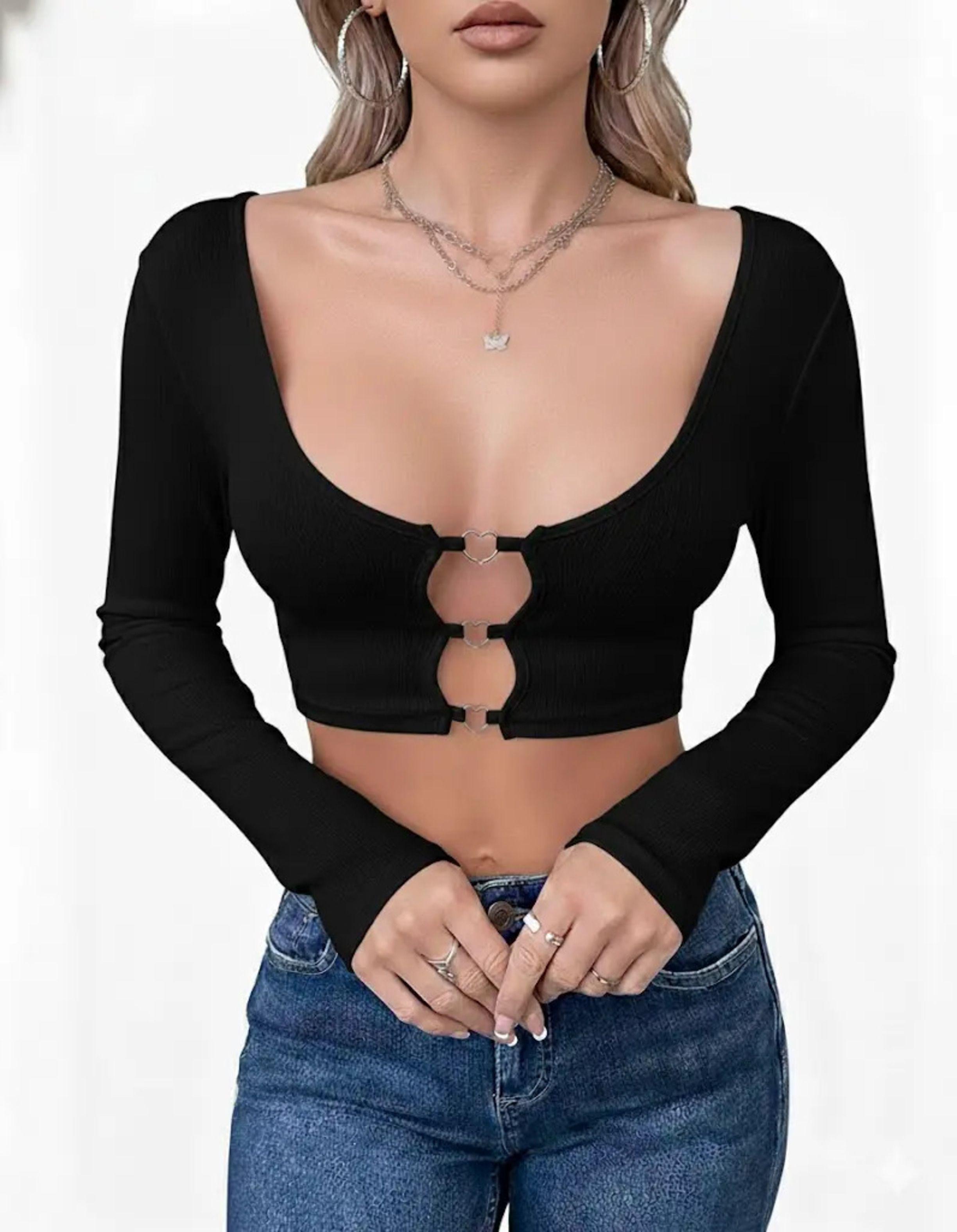 Crop Top De Manga Larga Con Escote - Mujer -0