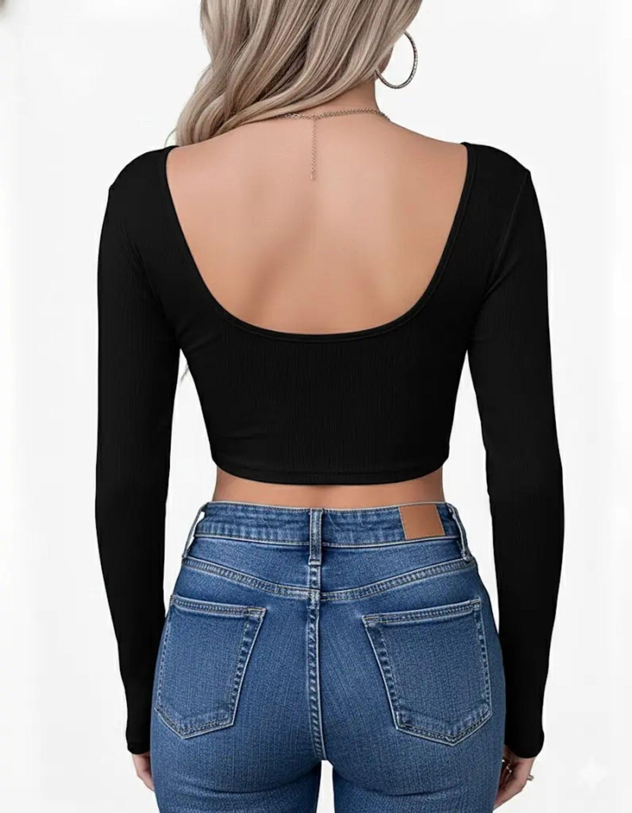 Crop Top De Manga Larga Con Escote - Mujer -1
