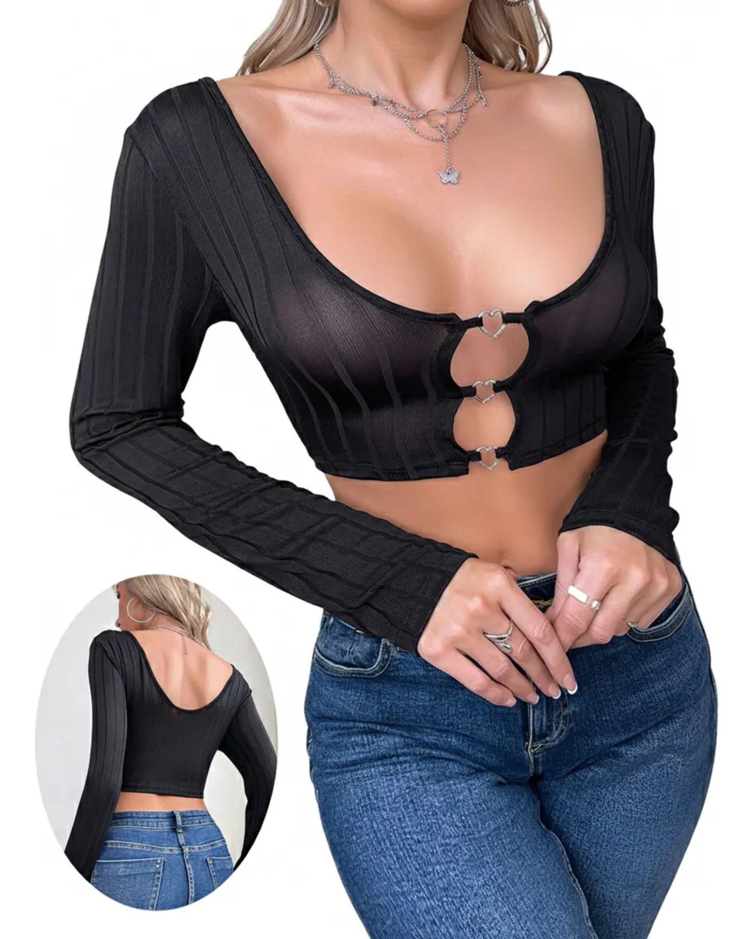 Crop Top De Manga Larga Con Escote - Mujer -2