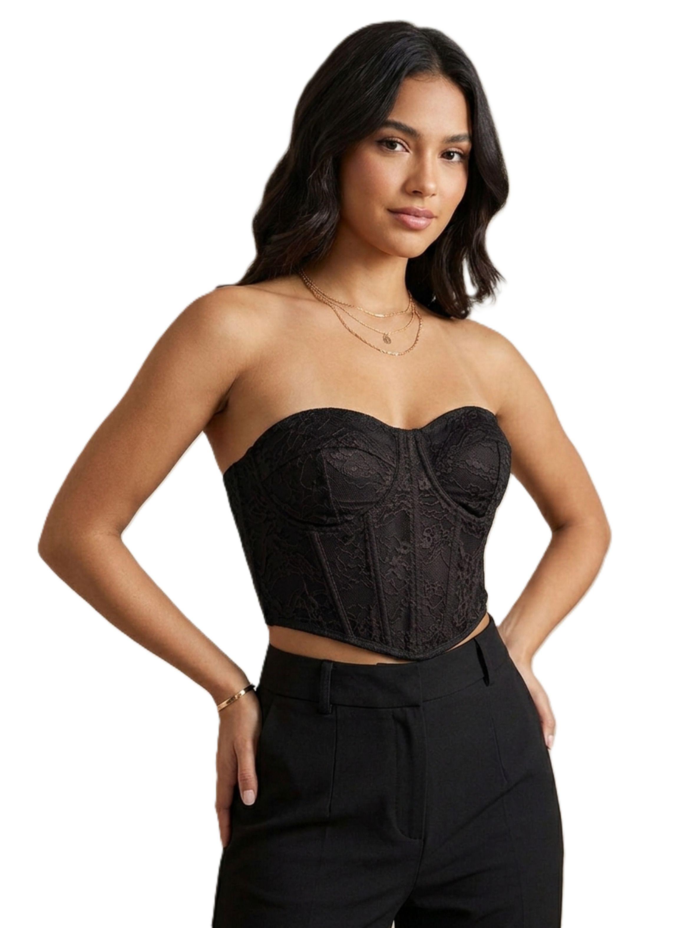 Crop Top Corto De Mujer Con Encaje Tipo Strapless Y Broches-0