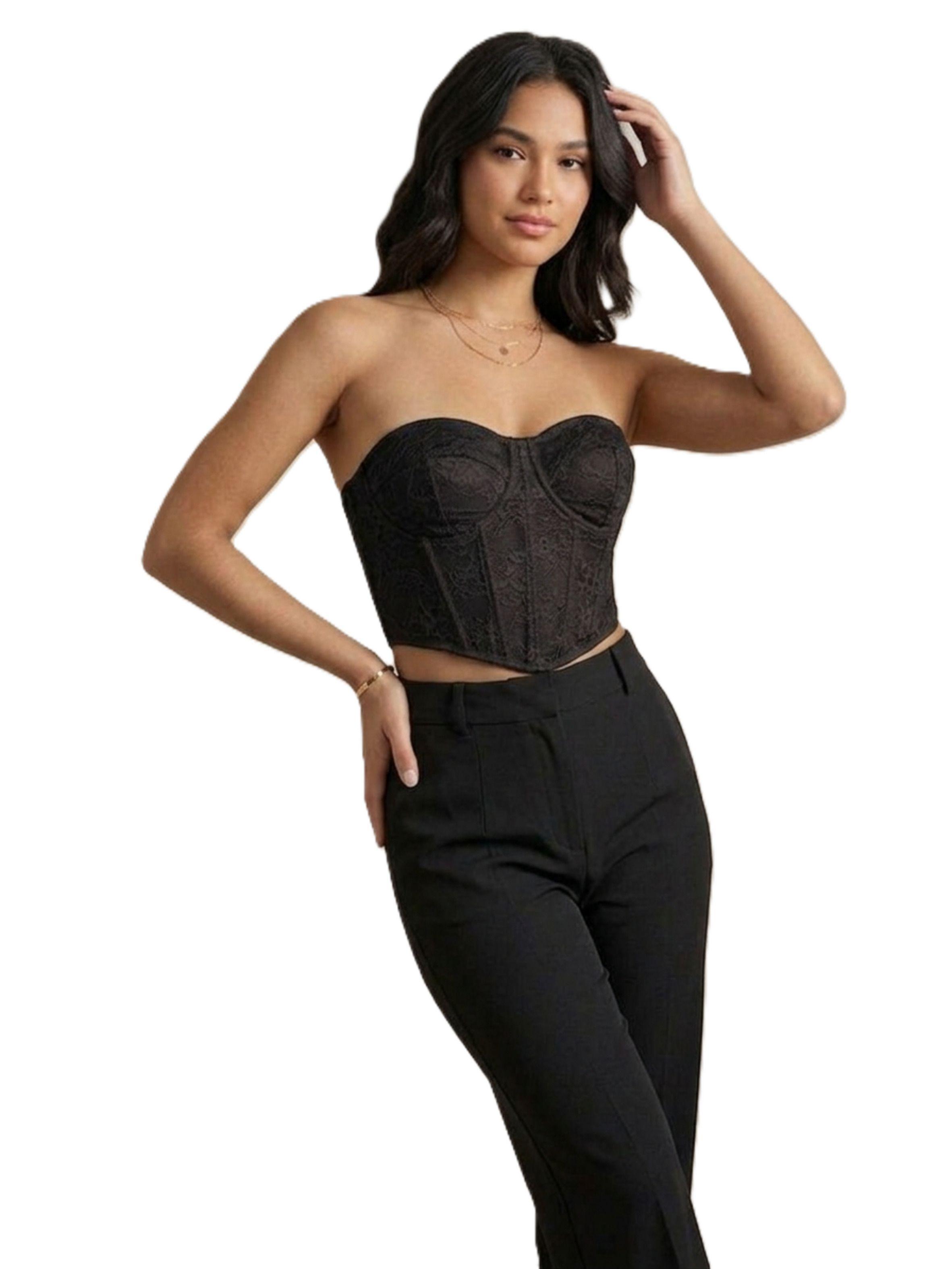 Crop Top Corto De Mujer Con Encaje Tipo Strapless Y Broches-1