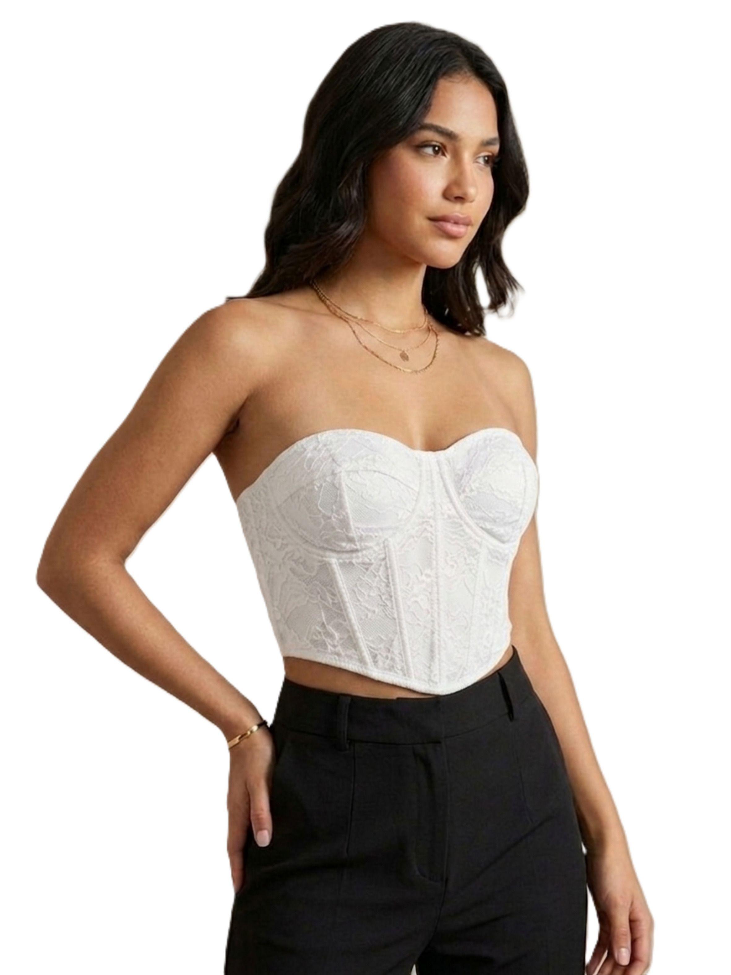 Crop Top Corto De Mujer Con Encaje Tipo Strapless Y Broches-0