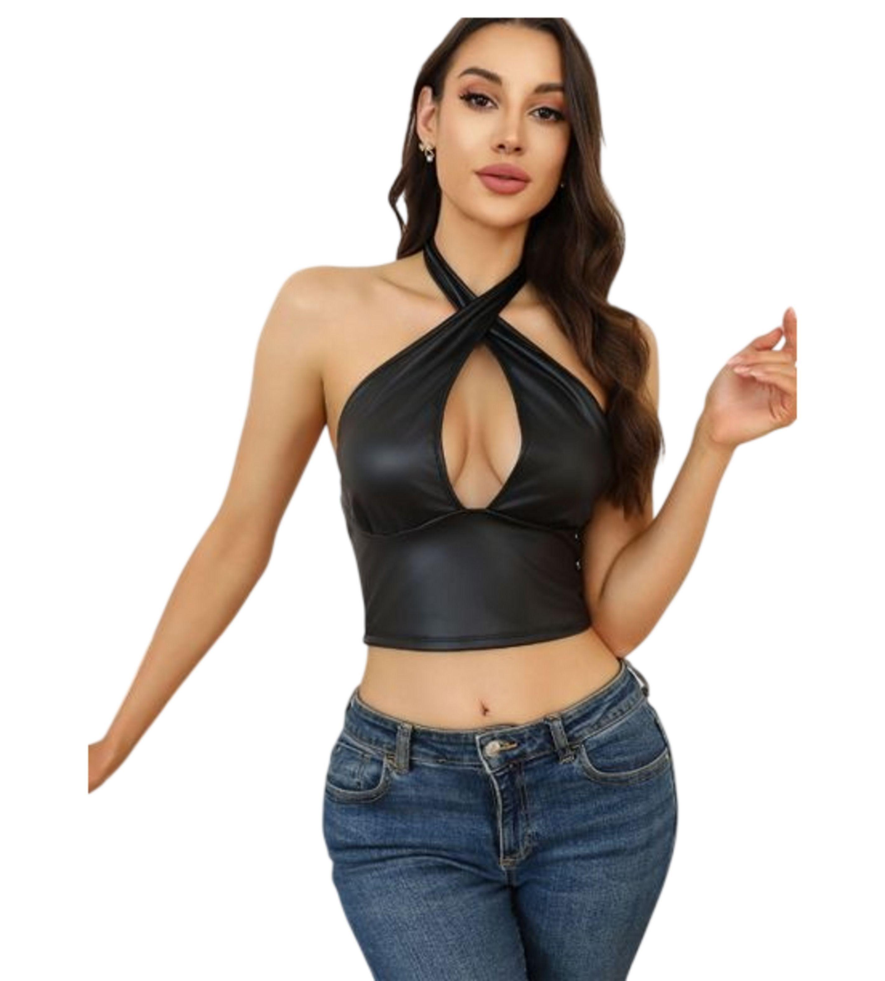 Crop Top Corto Para Mujer Tela Eco Cuero - Cuello Halter-0