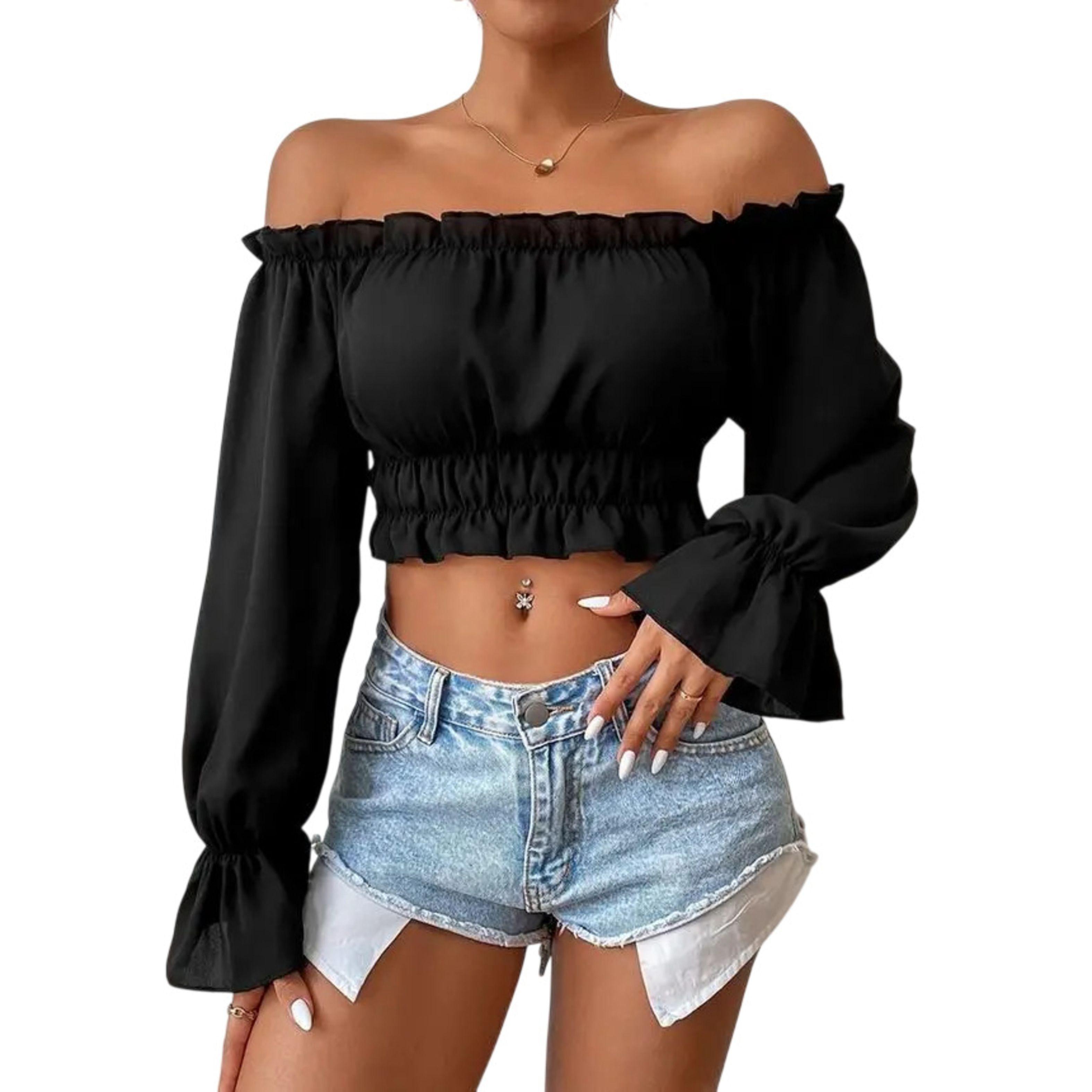 Crop Top con Hombros Descubiertos Mangas Largas - Mujer-0