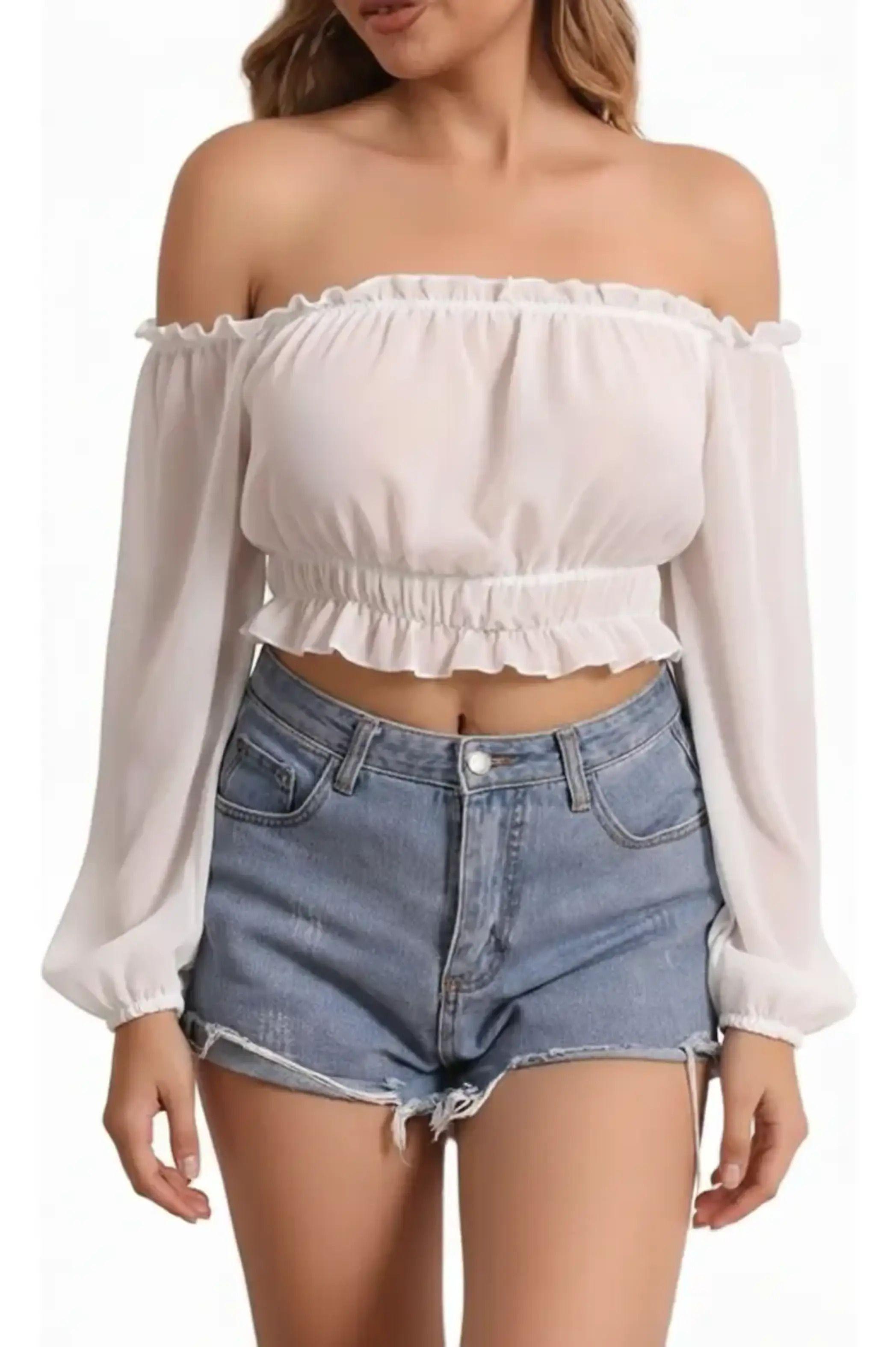 Crop Top con Hombros Descubiertos Mangas Largas - Mujer-0