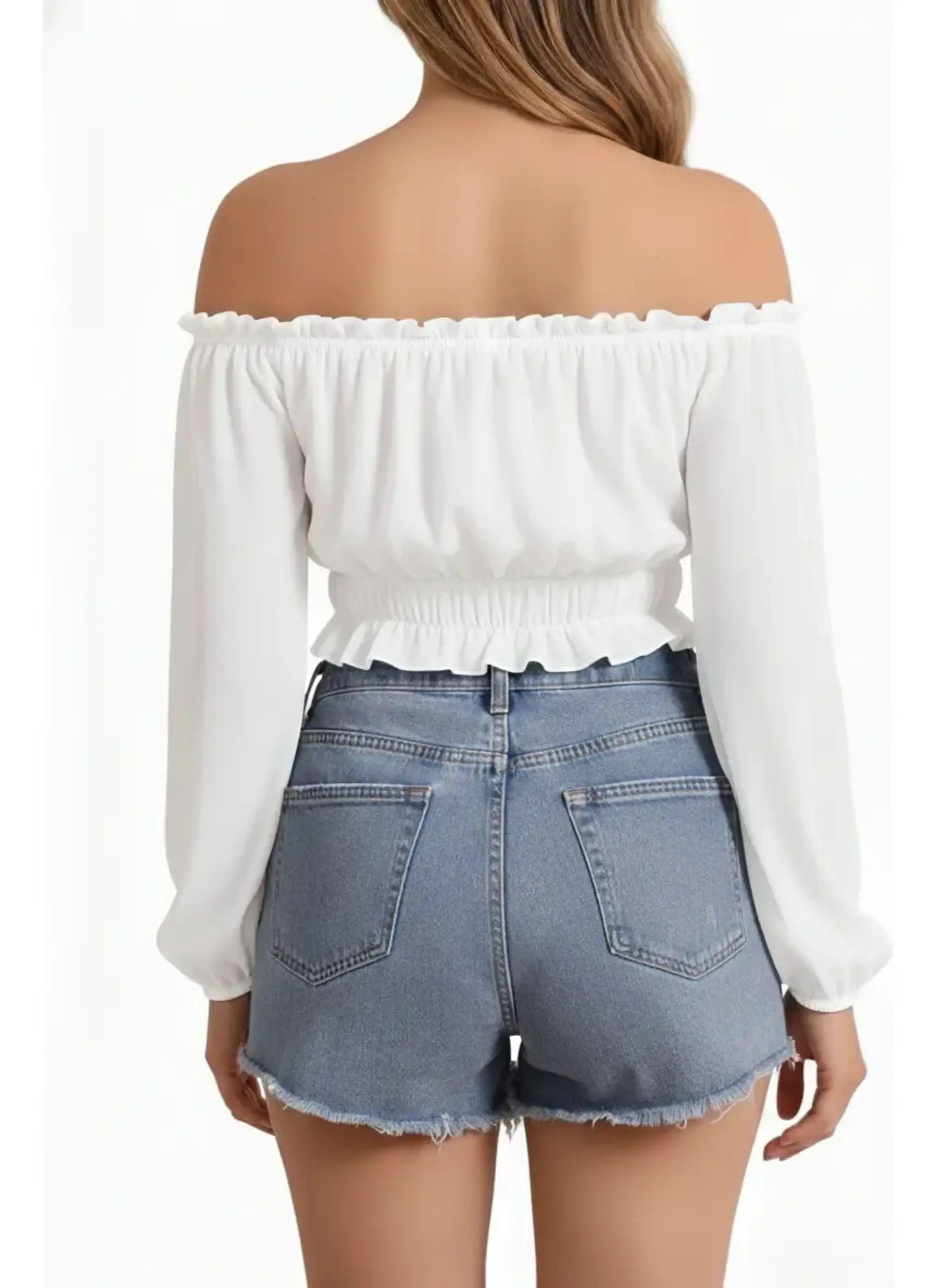 Crop Top con Hombros Descubiertos Mangas Largas - Mujer-1