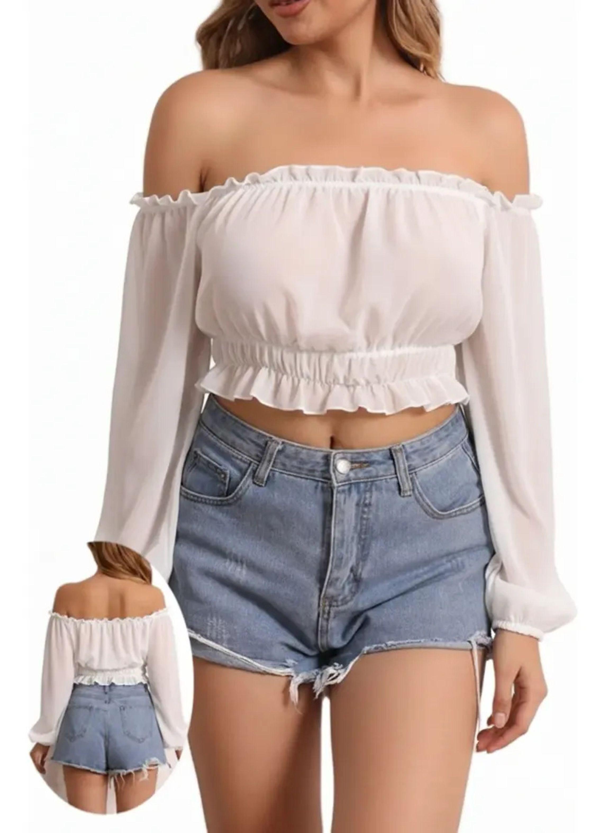 Crop Top con Hombros Descubiertos Mangas Largas - Mujer-2